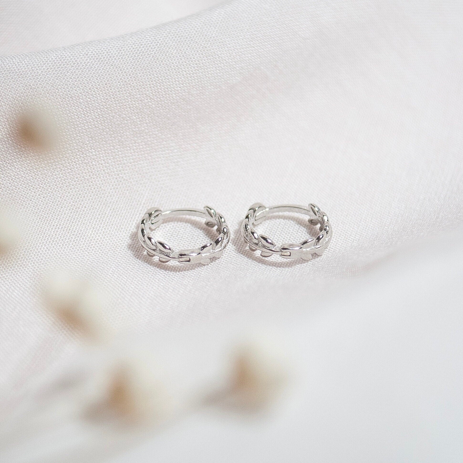 Sterling Silver Leaf Huggie Hoop Earrings, Silver 2 Piece Huggie Hoop Earrings, Dainty Minimalist Jewellery