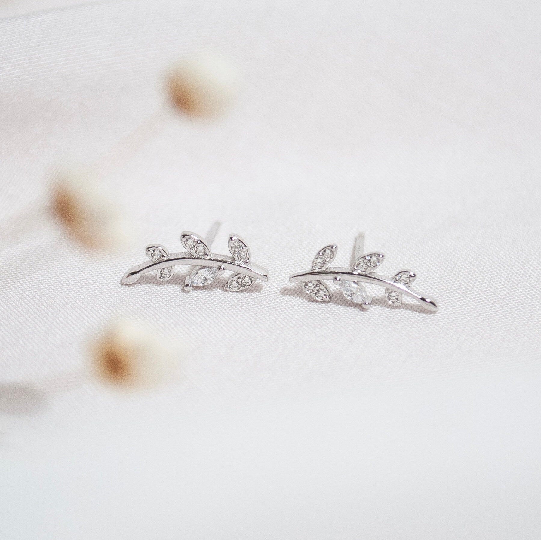 Pair of Sterling Silver Tiny Leaf Stud Earrings in Gold, Crystal Stud Earrings, Dainty Minimalist Jewellery, Gift For Her