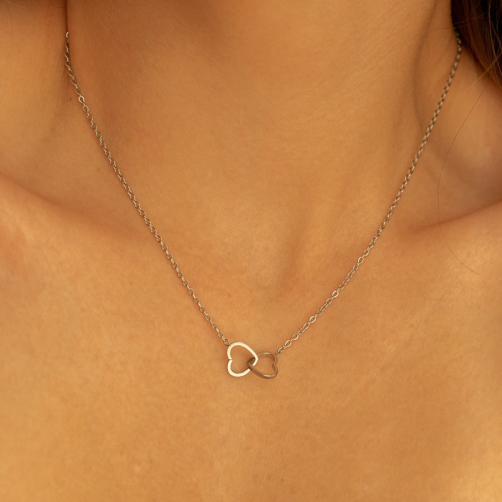 Double Heart Intertwined Necklace in Gold & Silver, Linked Love Hearts Necklace, Silver Heart Necklace, Gold Heart Necklace, Gift For Her