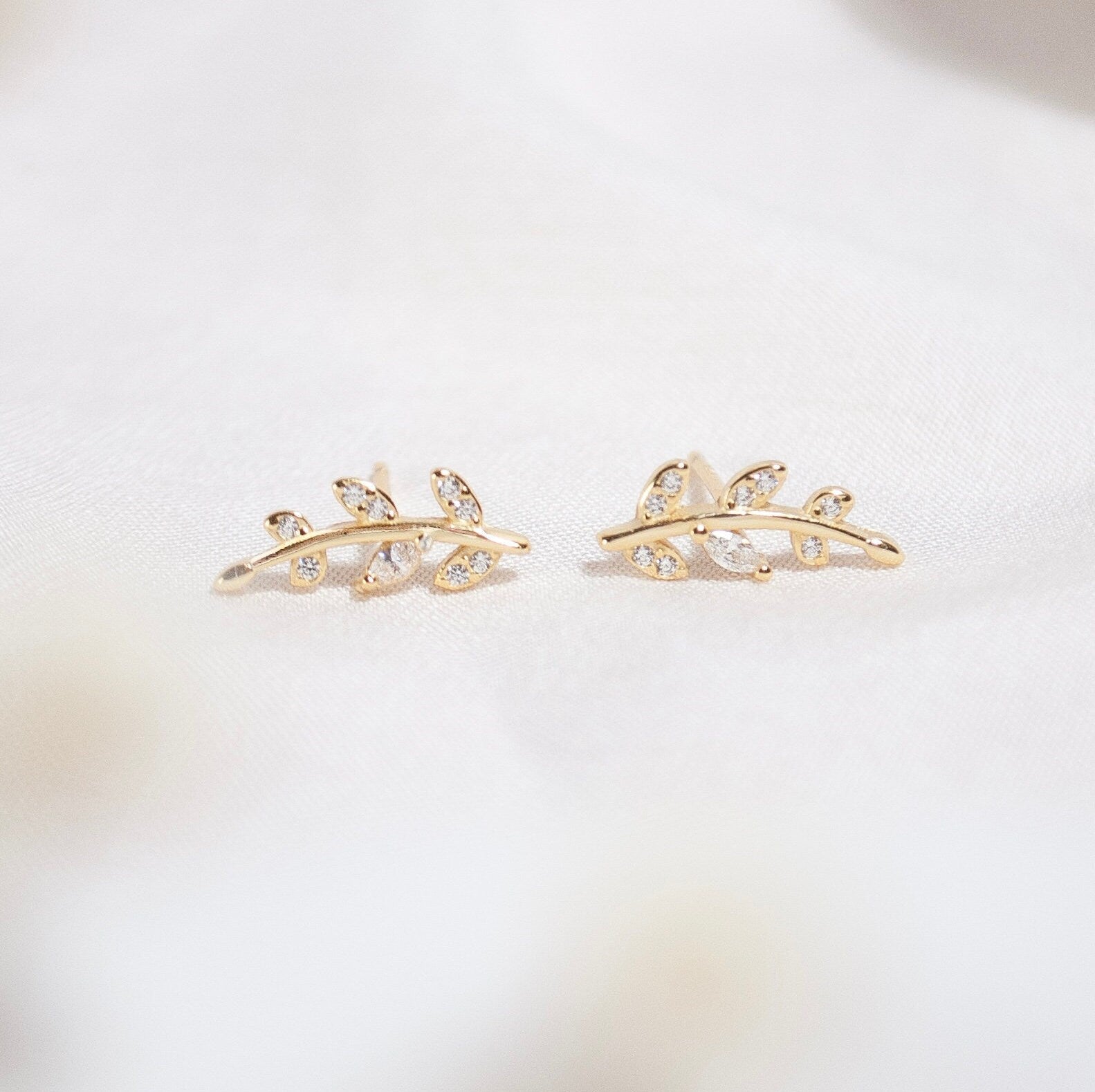 Sterling Silver Tiny Leaves Stud Earrings in Gold or Silver, Skinny Crystal Olive Leaf Earrings, Cute & Modern Jewellery