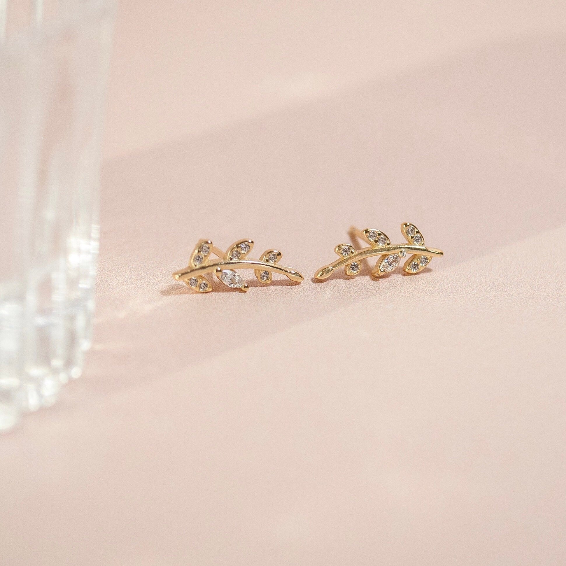 Sterling Silver Tiny Leaves Stud Earrings in Gold or Silver, Skinny Crystal Olive Leaf Earrings, Cute & Modern Jewellery