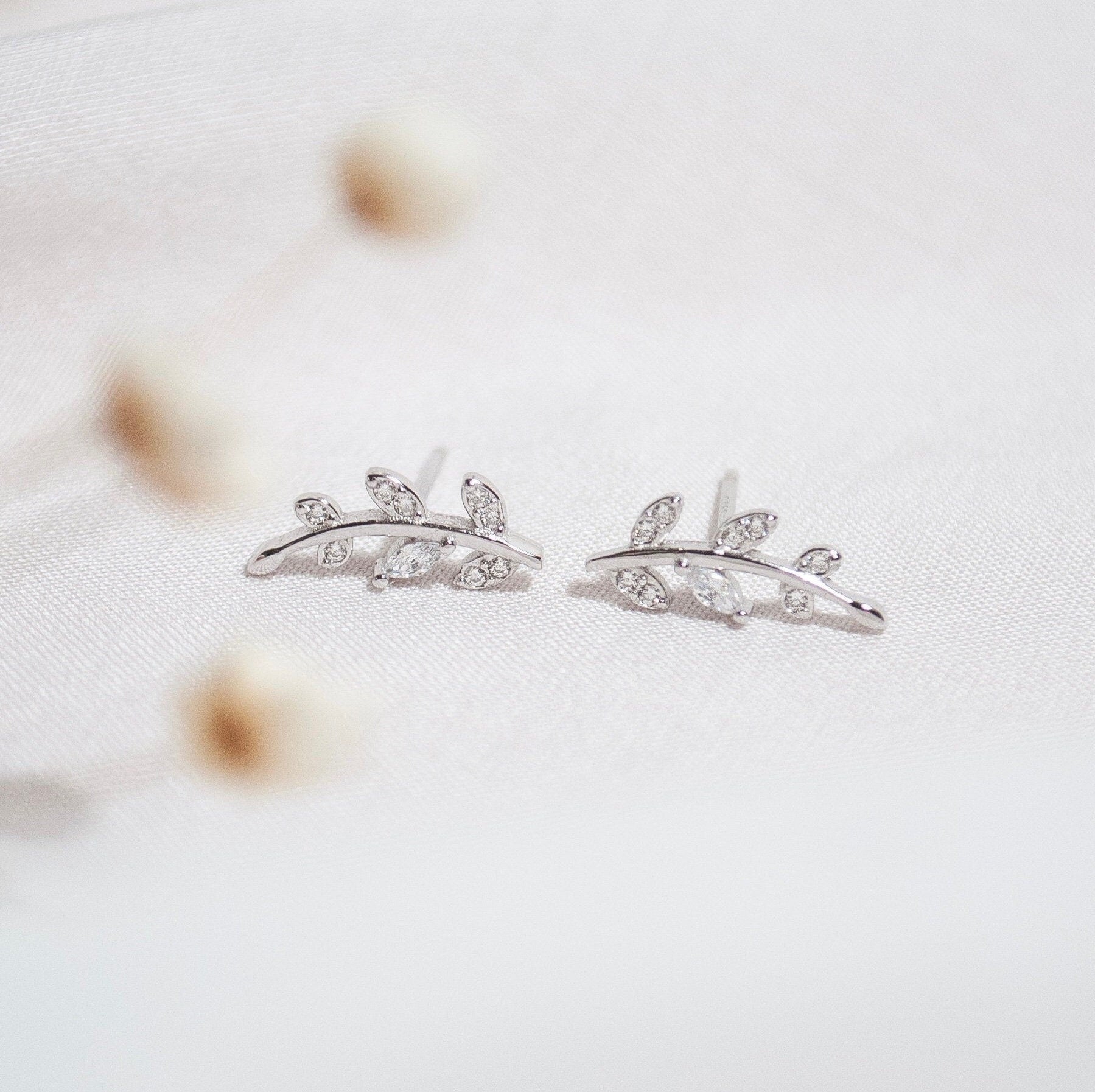 Sterling Silver Tiny Leaves Stud Earrings in Gold or Silver, Skinny Crystal Olive Leaf Earrings, Cute & Modern Jewellery