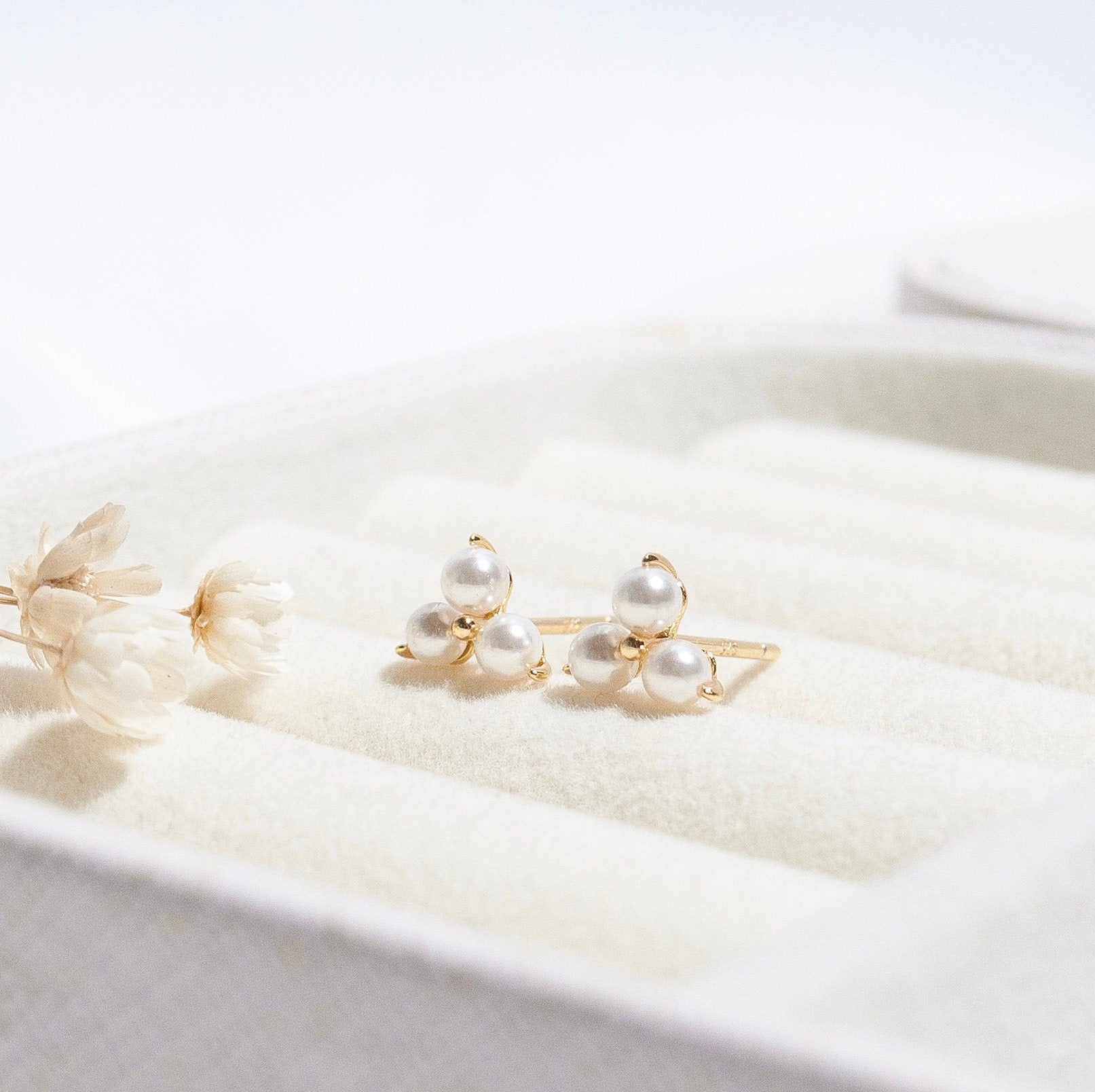 Sterling Silver Triple Pearl Stud Earrings, Gold & Silver Freshwater Baroque Pearl Earrings, Bridesmaid Gifts, Wedding Gifts
