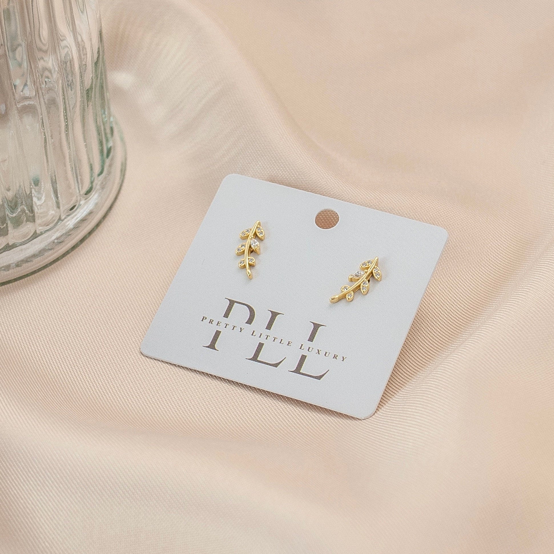 Pair of Sterling Silver Tiny Leaf Stud Earrings in Gold, Crystal Stud Earrings, Dainty Minimalist Jewellery, Gift For Her