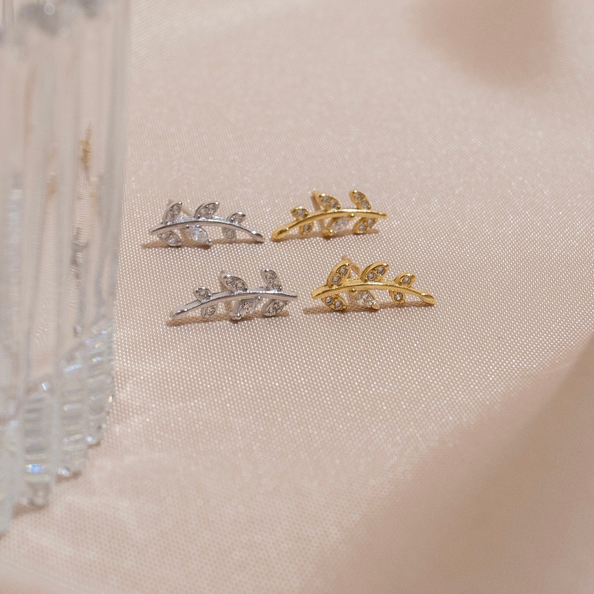 Sterling Silver Tiny Leaves Stud Earrings in Gold or Silver, Skinny Crystal Olive Leaf Earrings, Cute & Modern Jewellery