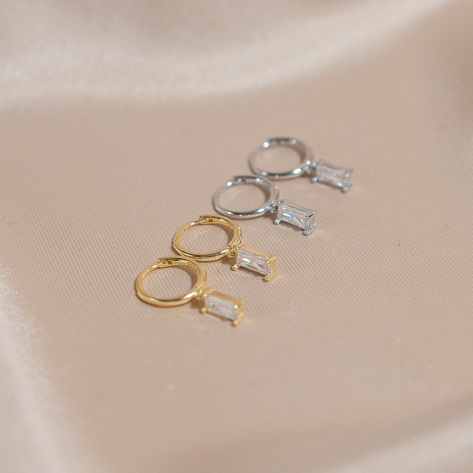 Sterling Silver Green Emerald Hoop Earrings in Gold or Silver, CZ Dangle Drop Earrings in Multiple Colours, Dainty Minimalist Earrings