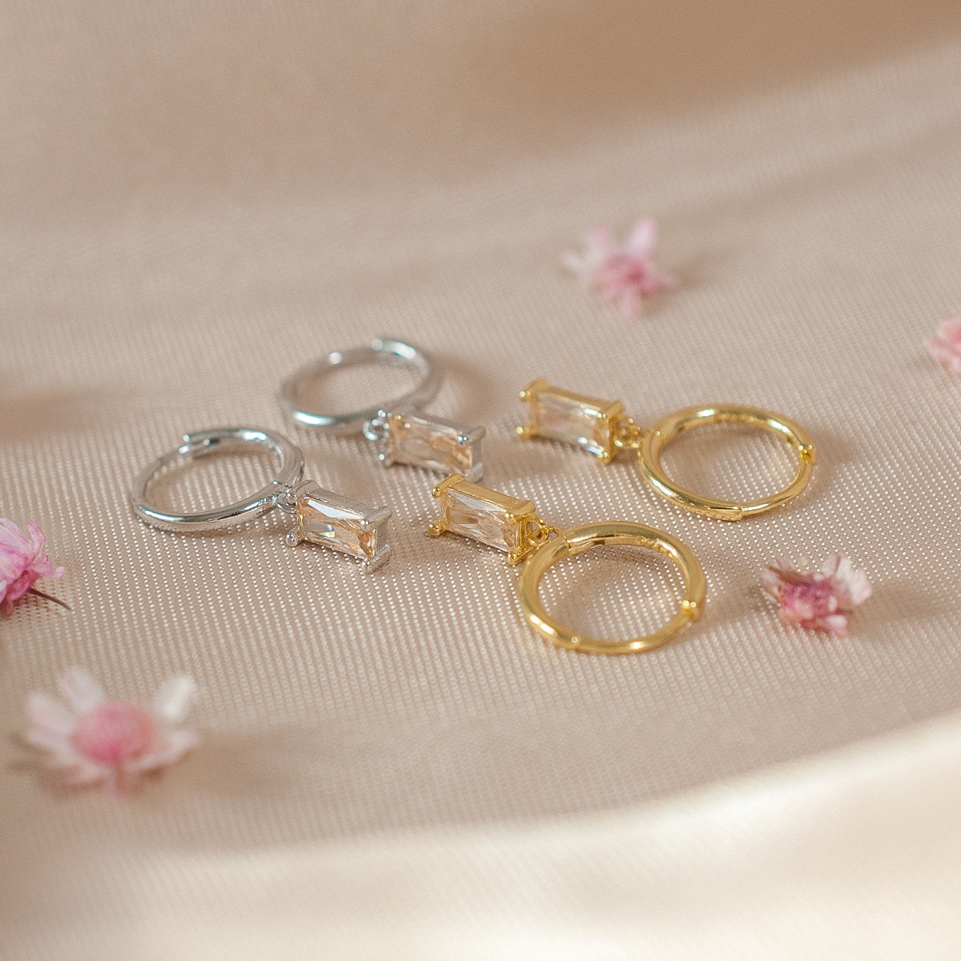 Sterling Silver Pink CZ Hoop Earrings in Gold or Silver, CZ Dangle Drop Earrings in Multiple Colours, Dainty Minimalist Earrings