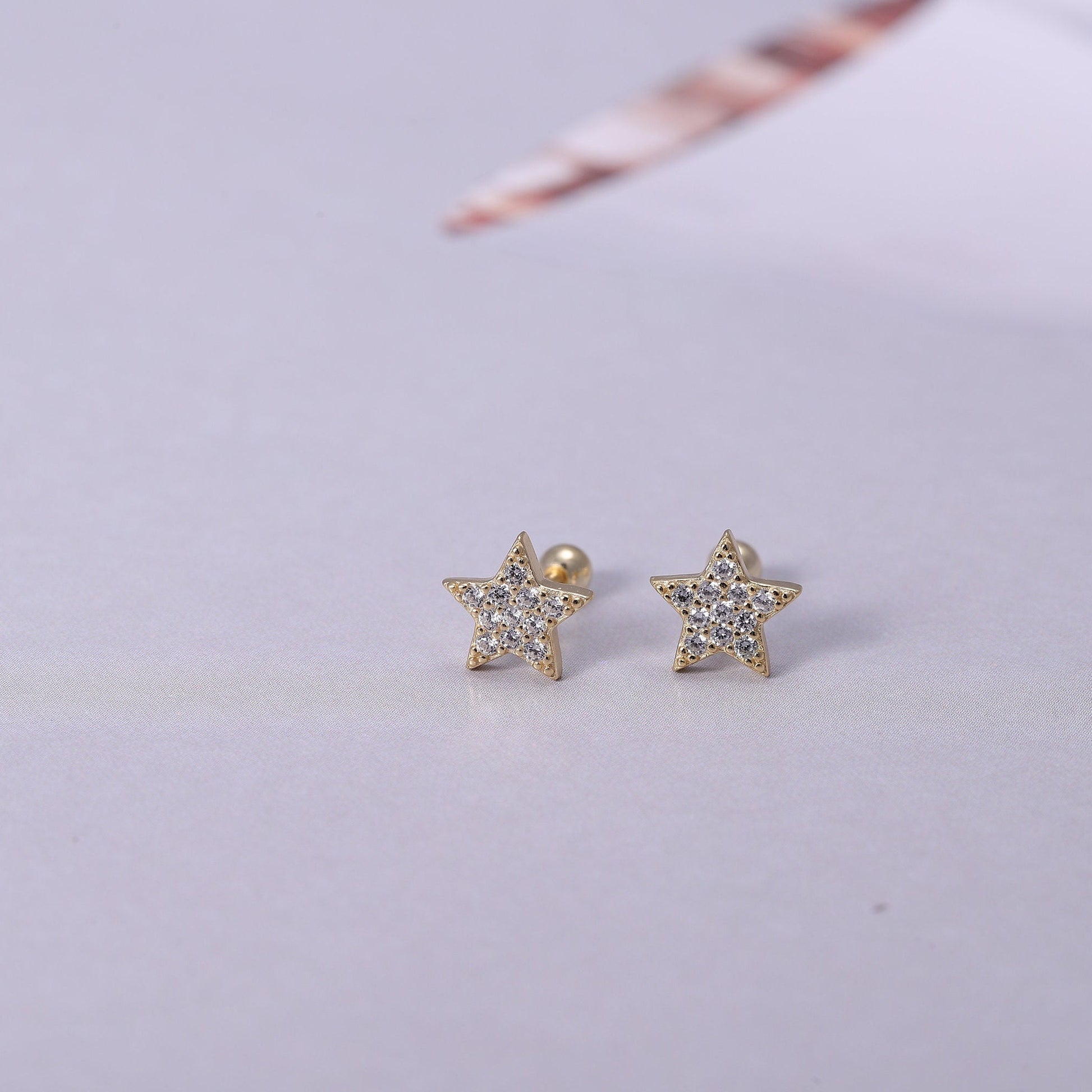 Gold Shining Star Earrings with CZ Crystals in Gold or Silver, Tiny Heart Earrings, Dainty Minimalist Earrings