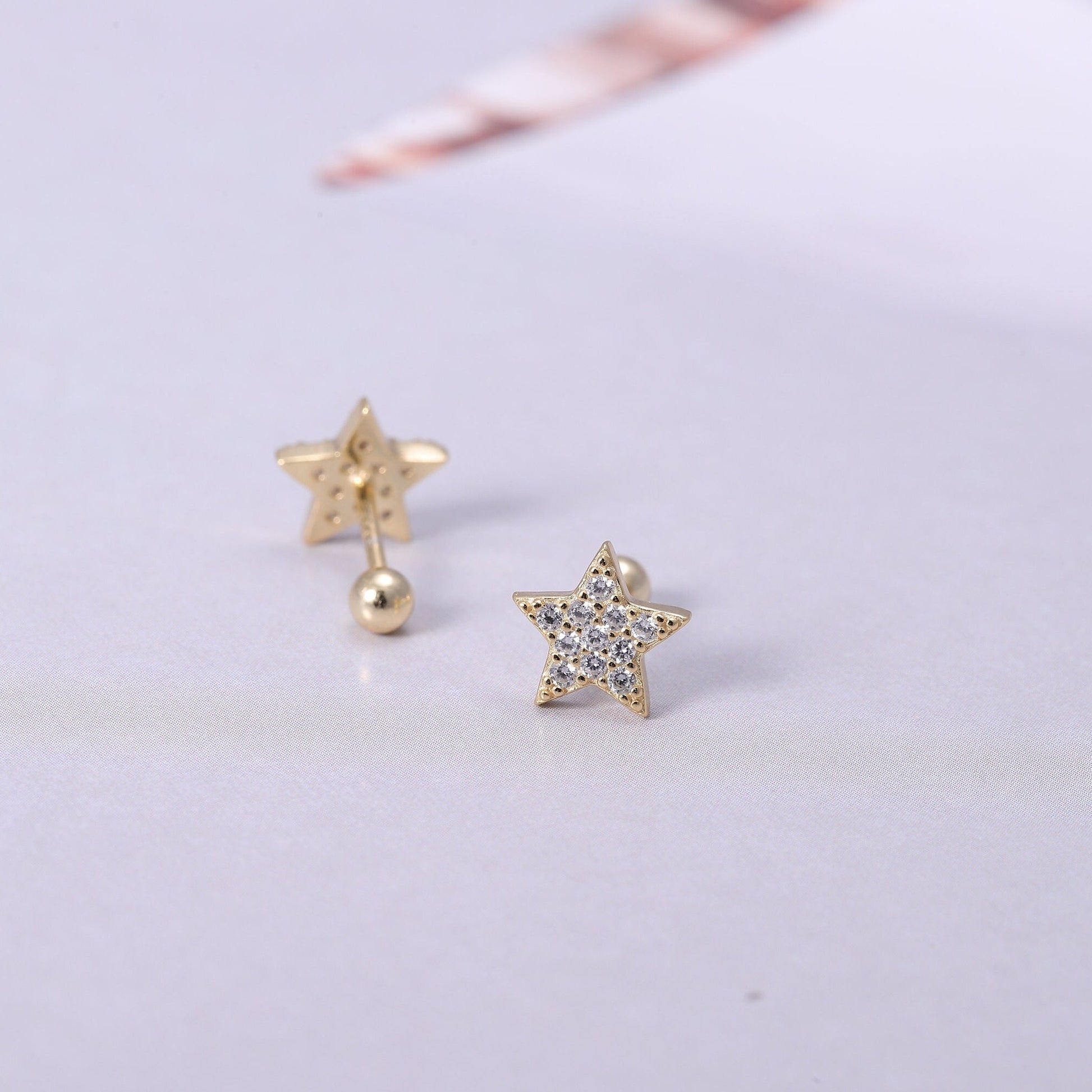 Gold Shining Star Earrings with CZ Crystals in Gold or Silver, Tiny Heart Earrings, Dainty Minimalist Earrings
