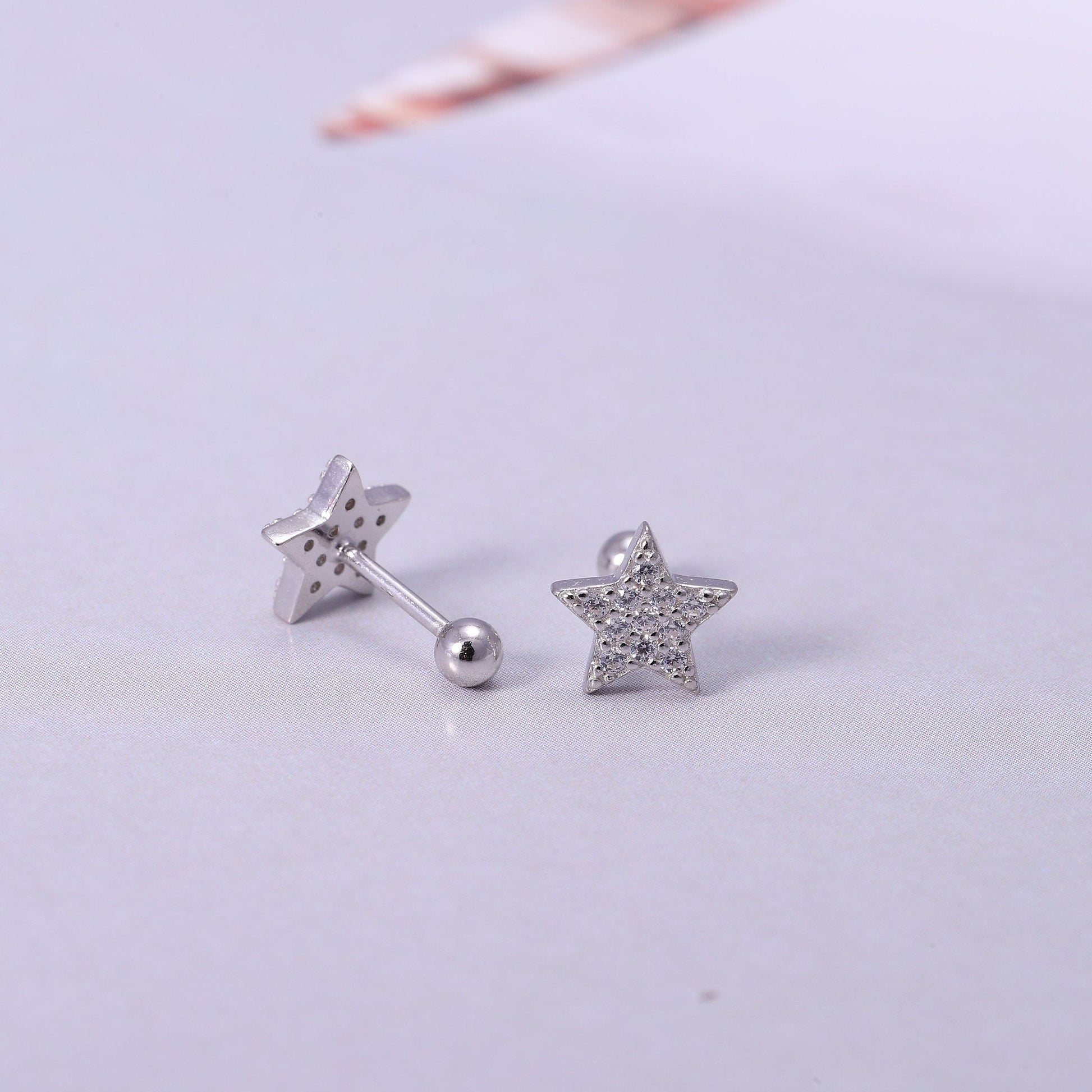 Gold Shining Star Earrings with CZ Crystals in Gold or Silver, Tiny Heart Earrings, Dainty Minimalist Earrings