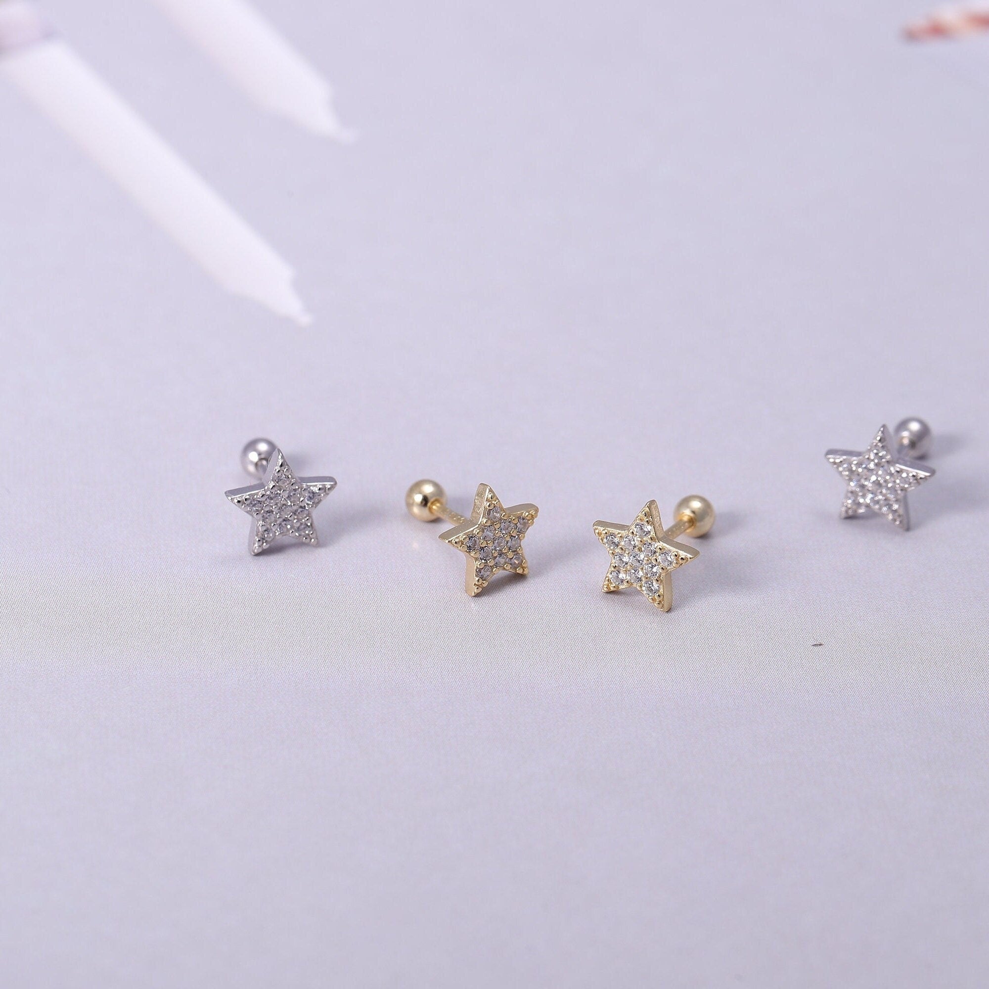 Gold Shining Star Earrings with CZ Crystals in Gold or Silver, Tiny Heart Earrings, Dainty Minimalist Earrings