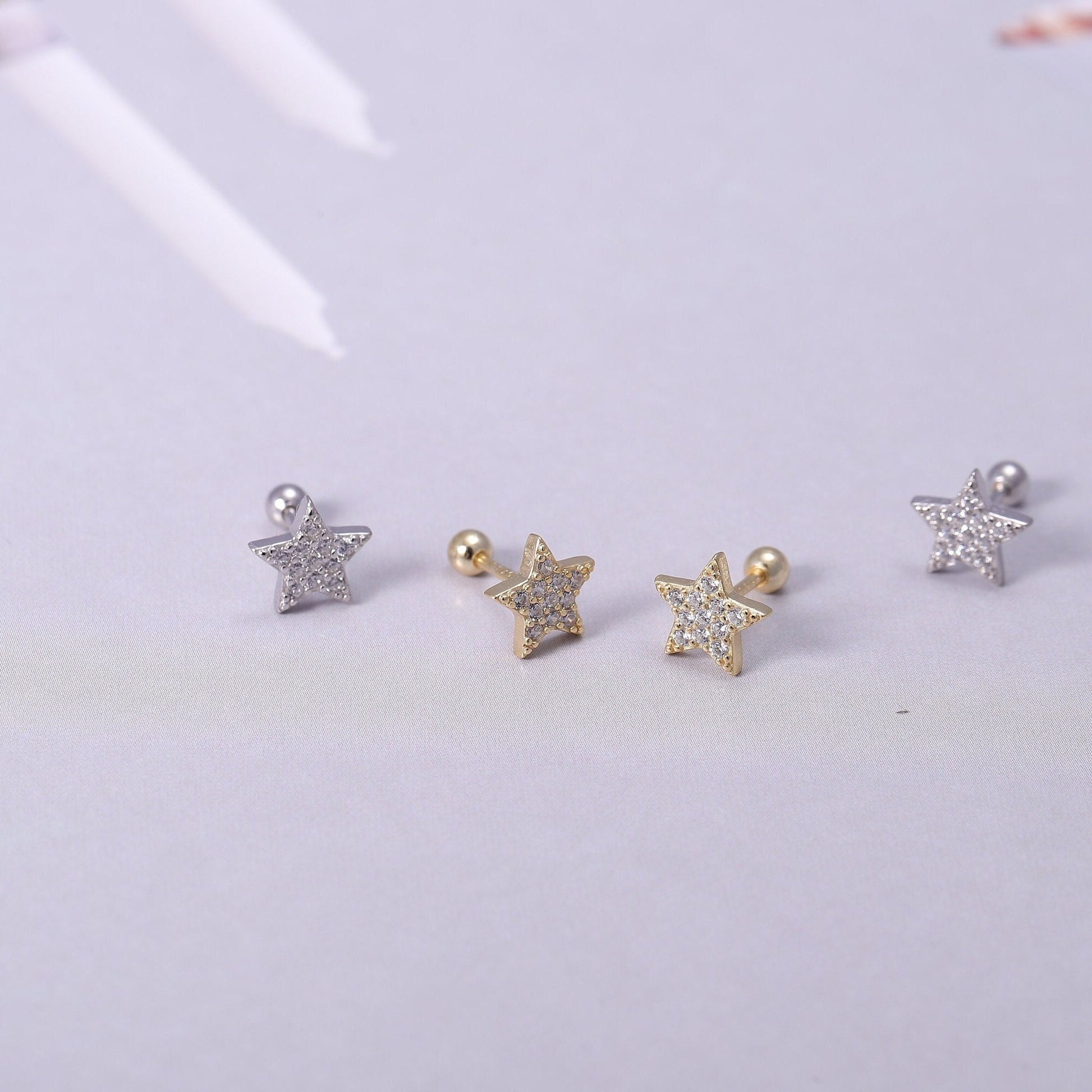 Gold Shining Star Earrings with CZ Crystals in Gold or Silver, Tiny Heart Earrings, Dainty Minimalist Earrings