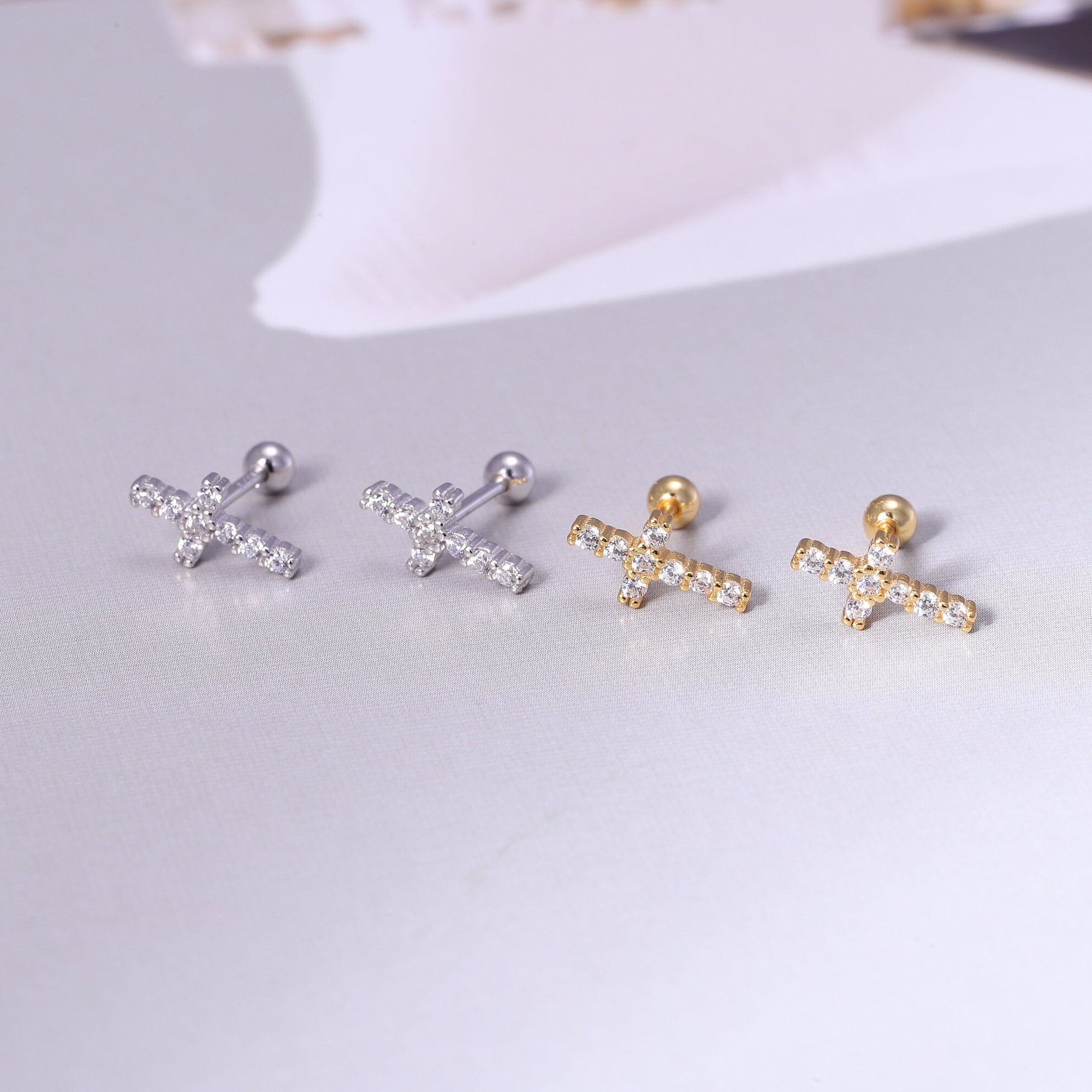 Sparkling Cross Stud Earrings in Sterling Silver, Tiny Cross Earrings in Gold or Silver, Minimalist Jewellery