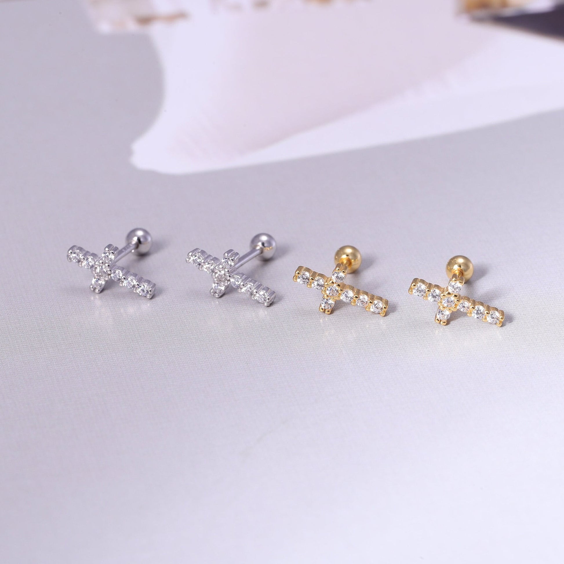 Sparkling Cross Stud Earrings in Sterling Silver, Tiny Cross Earrings in Gold or Silver, Minimalist Jewellery