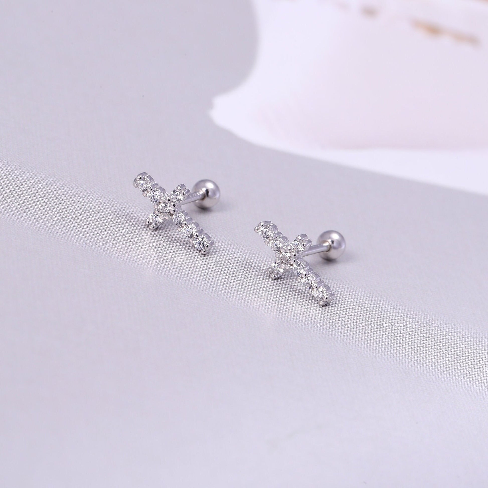 Sparkling Cross Stud Earrings in Sterling Silver, Tiny Cross Earrings in Gold or Silver, Minimalist Jewellery