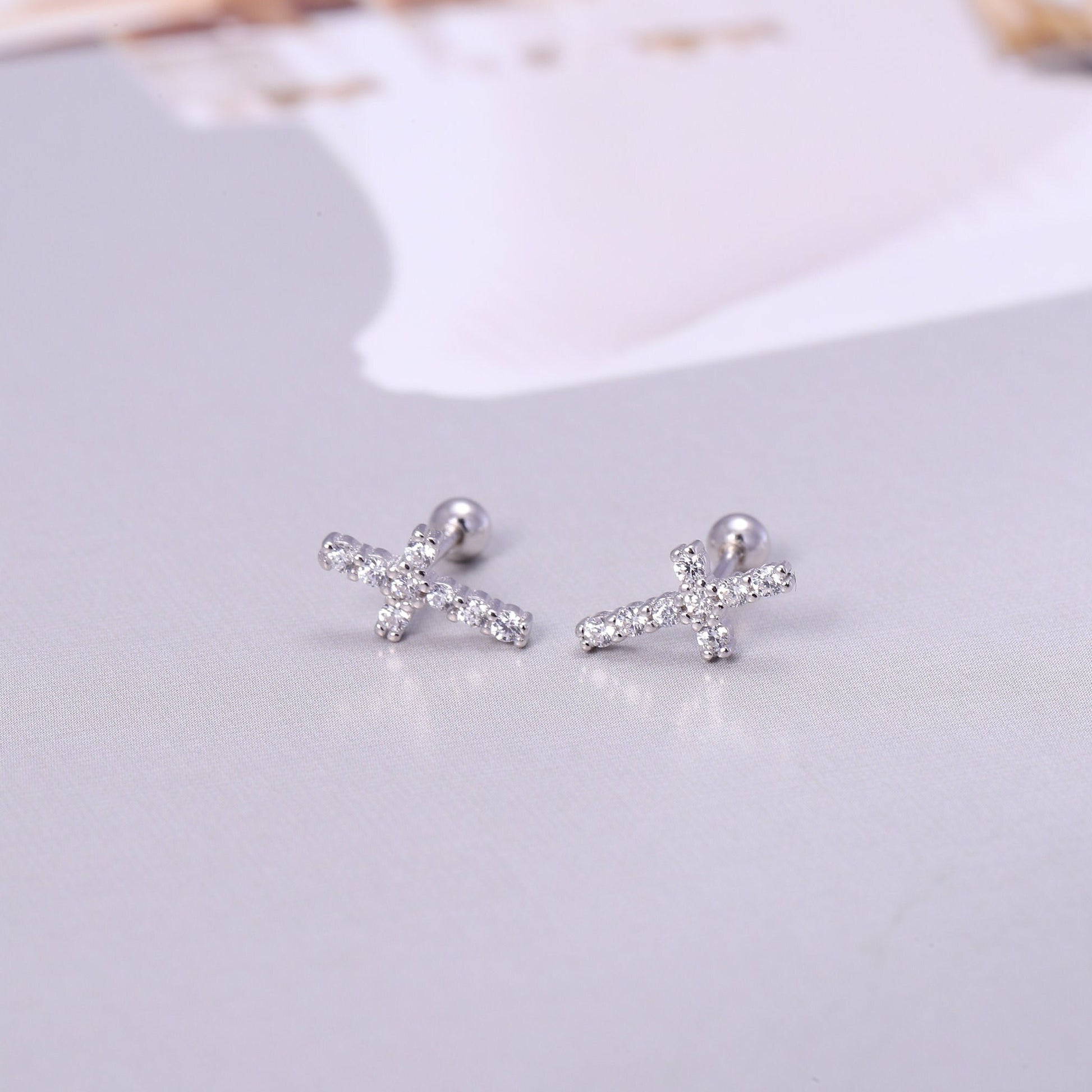 Sparkling Cross Stud Earrings in Sterling Silver, Tiny Cross Earrings in Gold or Silver, Minimalist Jewellery