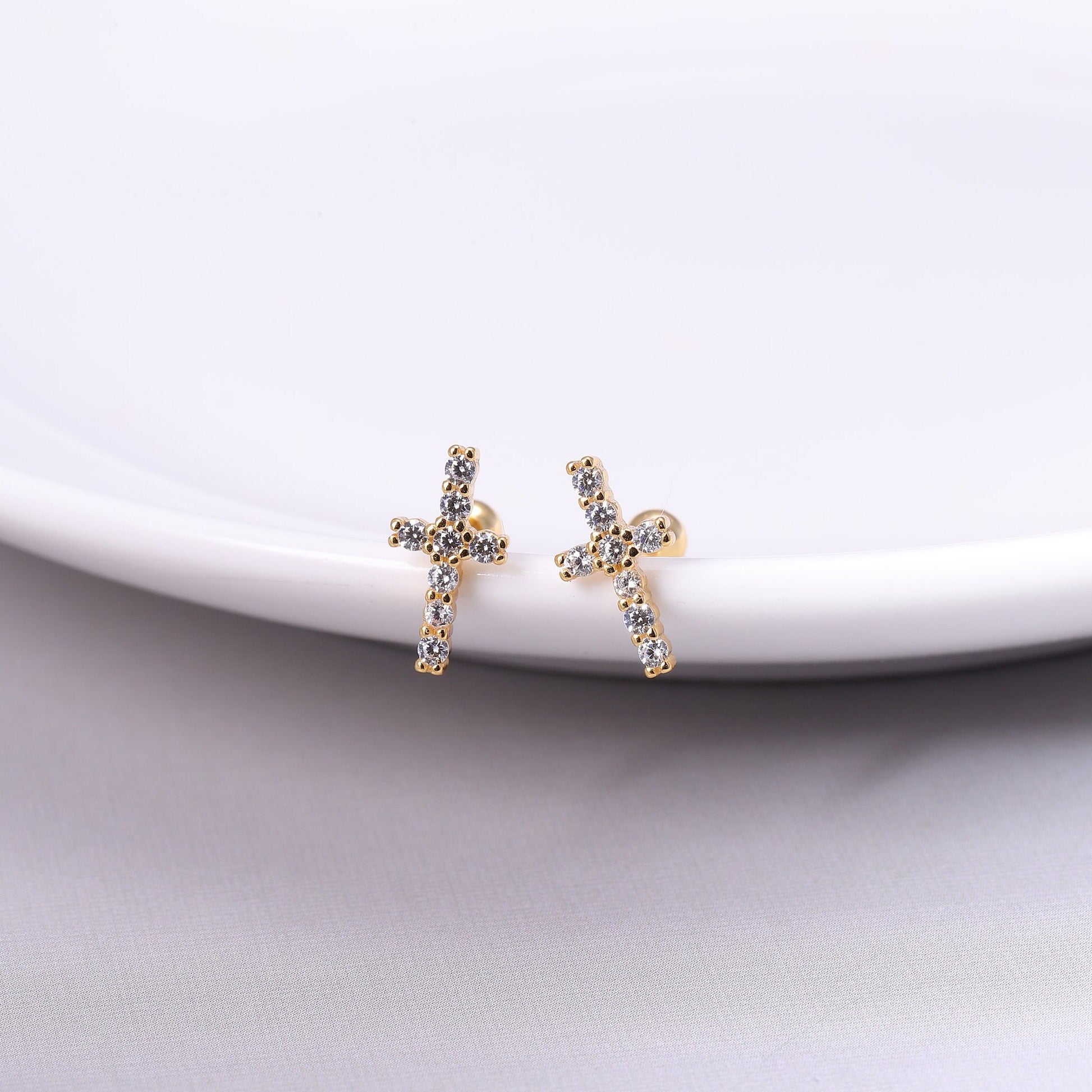 Sparkling Cross Stud Earrings in Sterling Silver, Tiny Cross Earrings in Gold or Silver, Minimalist Jewellery