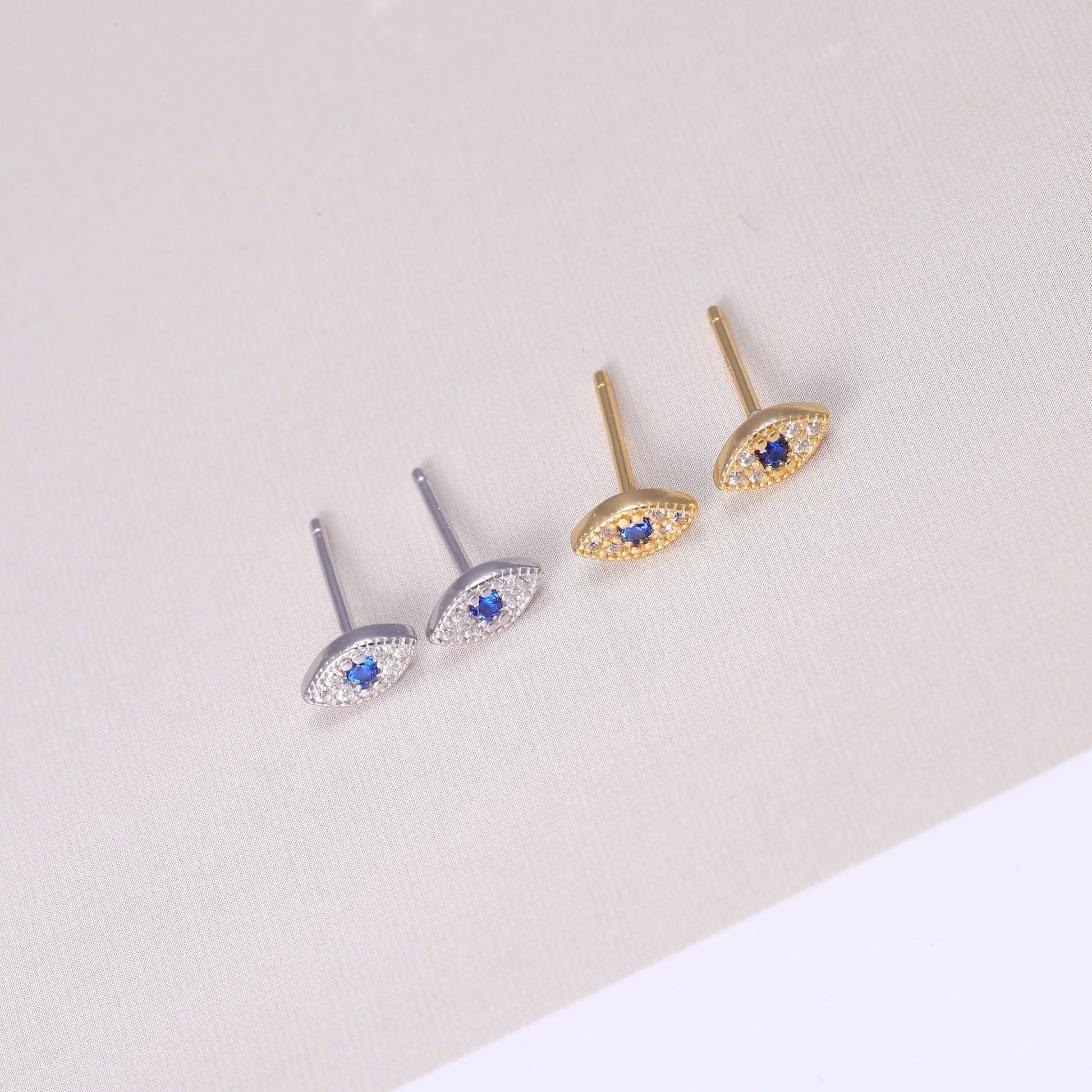 Gold Tiny Evil Eye Stud Earrings with CZ Crystals in Gold or Silver, Dainty Minimalist Jewellery, Gift For Her