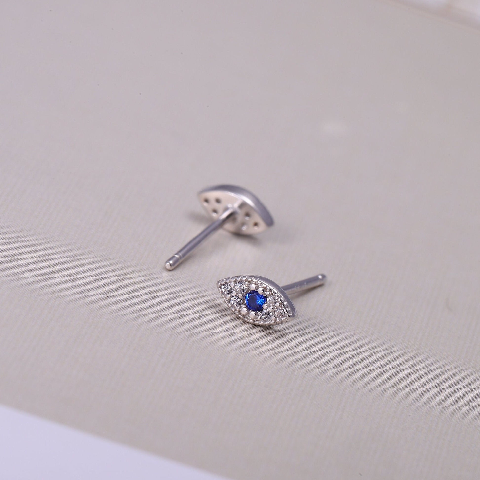 Gold Tiny Evil Eye Stud Earrings with CZ Crystals in Gold or Silver, Dainty Minimalist Jewellery, Gift For Her