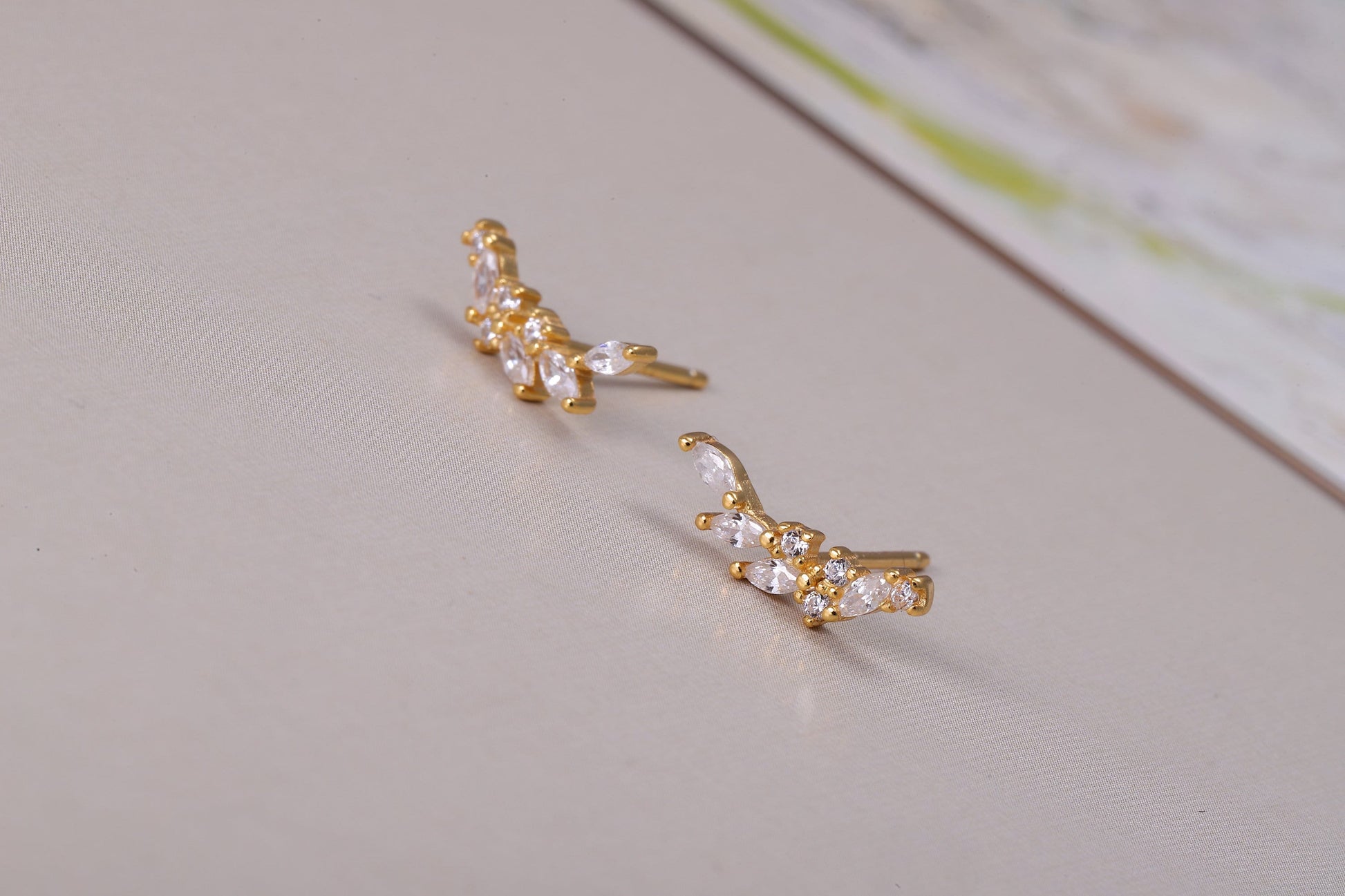 Sterling Silver Sparkling Leaf Stud Earrings with CZ Crystals - Available in Gold and Silver