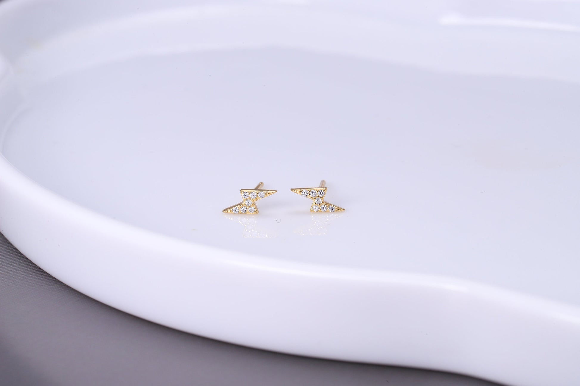 Sterling Silver Thunderbolt Stud Earrings with CZ Crystals - Available in Gold or Silver