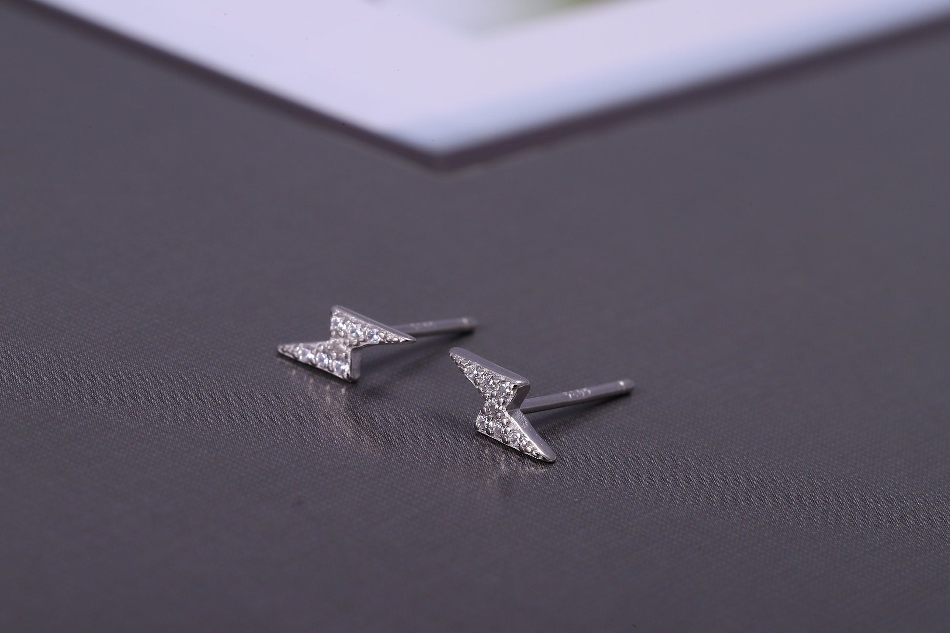 Sterling Silver Thunderbolt Stud Earrings with CZ Crystals - Available in Gold or Silver