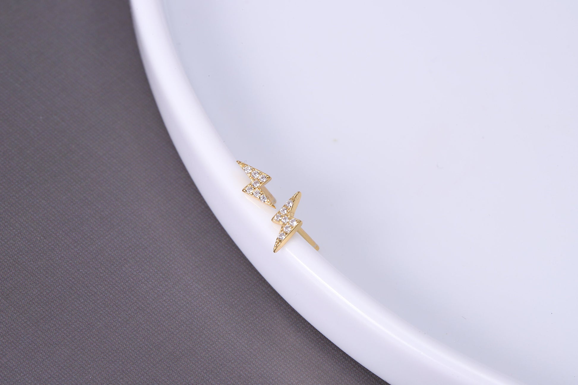 Sterling Silver Thunderbolt Stud Earrings with CZ Crystals - Available in Gold or Silver