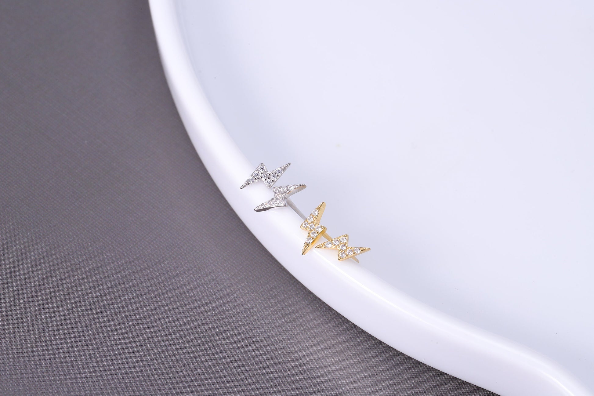 Sterling Silver Thunderbolt Stud Earrings with CZ Crystals - Available in Gold or Silver