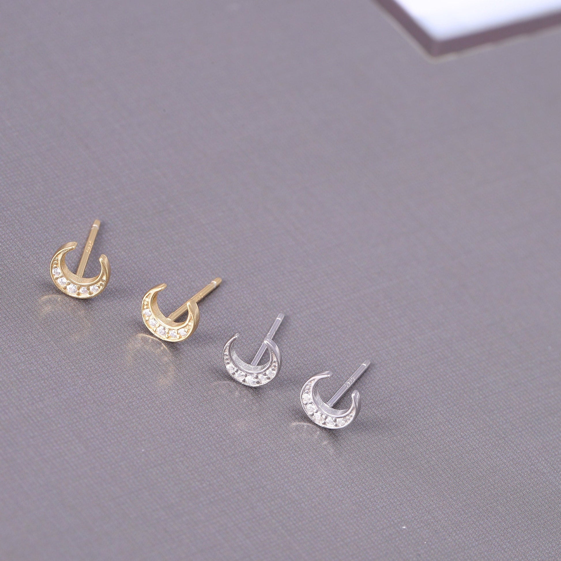 Minimalist Half Moon Sterling Silver Stud Earrings with CZ Crystals - Available in Gold and Silver