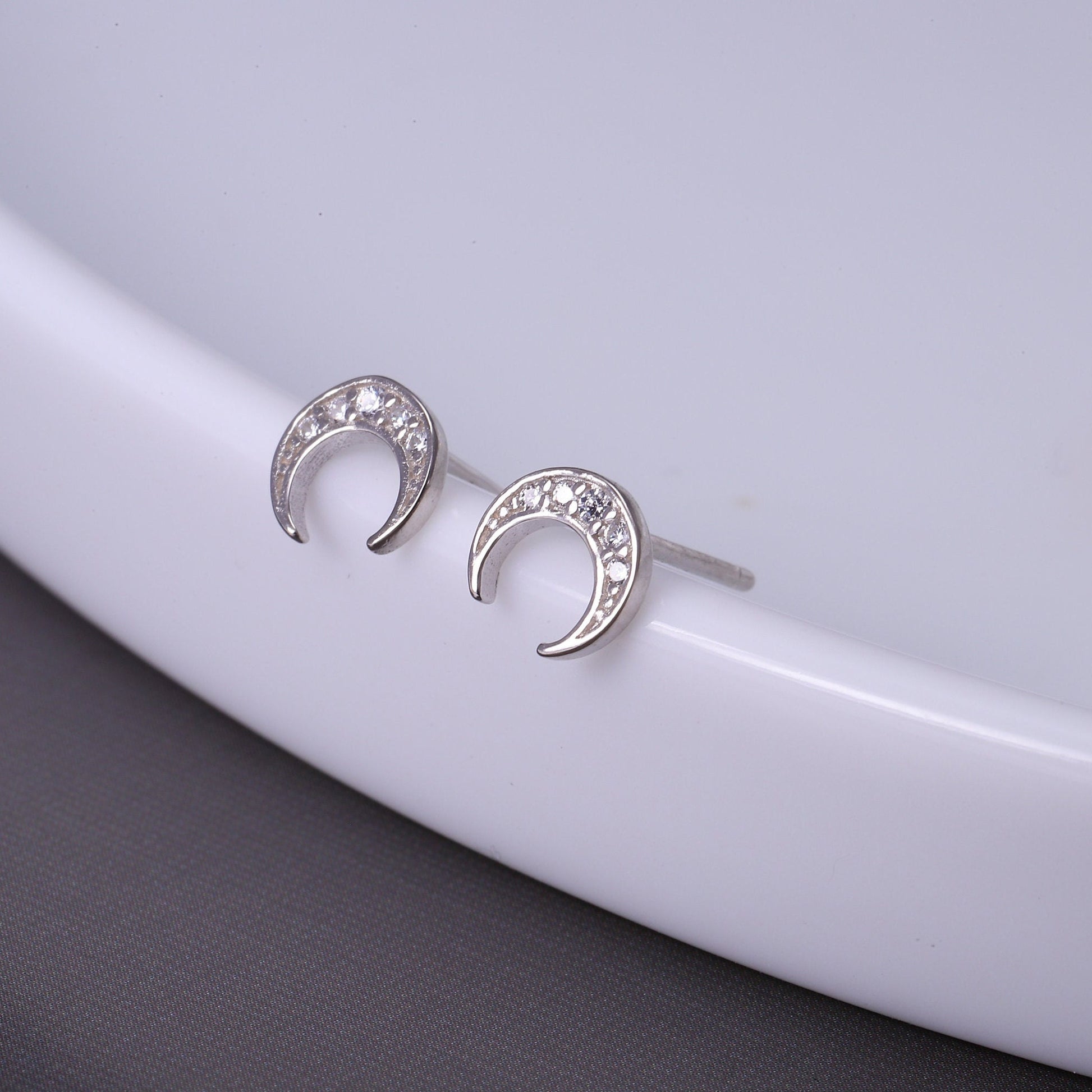 Minimalist Half Moon Sterling Silver Stud Earrings with CZ Crystals - Available in Gold and Silver