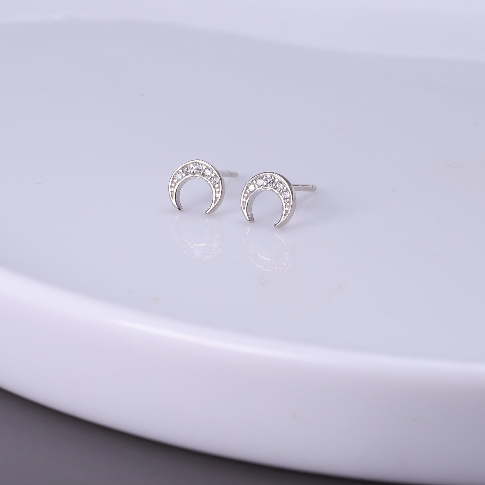 Minimalist Half Moon Sterling Silver Stud Earrings with CZ Crystals - Available in Gold and Silver