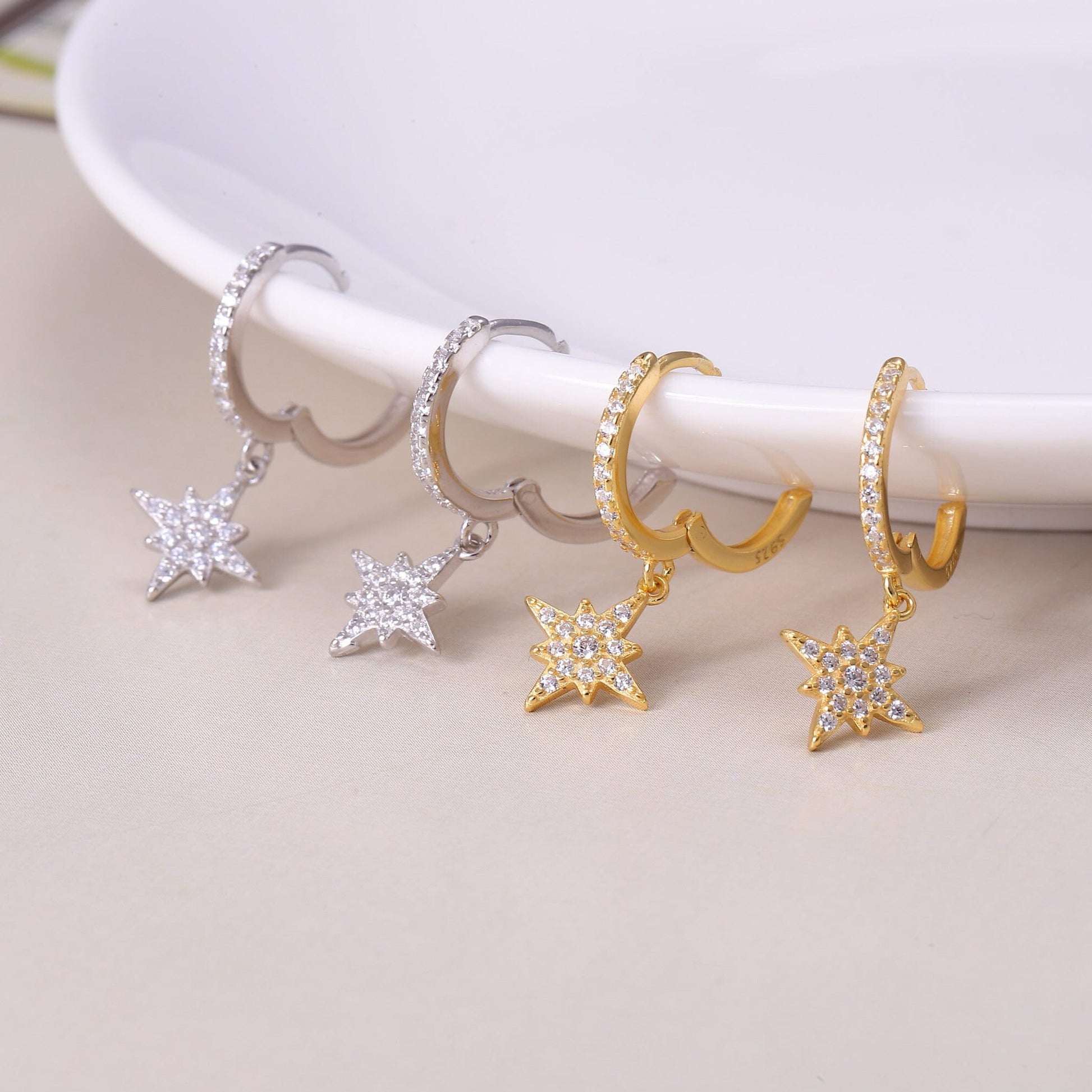 Sterling Silver Star Hoop Earrings with CZ Crystals in Gold or Silver, Star Dangle Earrings, Crystal Earrings, Statement Earrings,