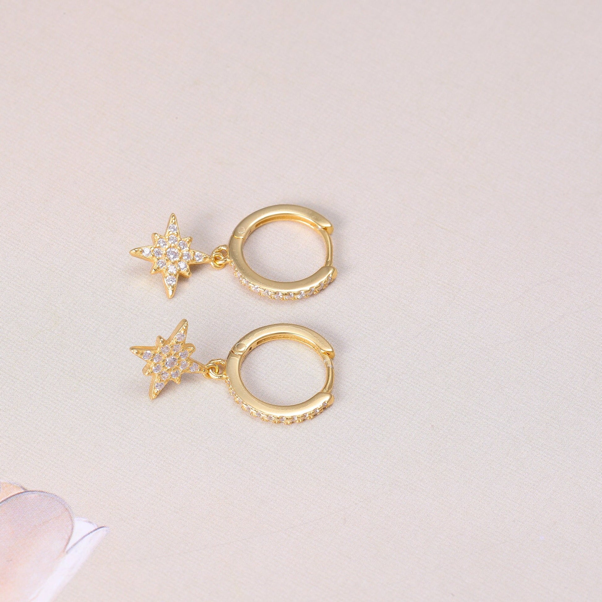 Sterling Silver Star Hoop Earrings with CZ Crystals in Gold or Silver, Star Dangle Earrings, Crystal Earrings, Statement Earrings,