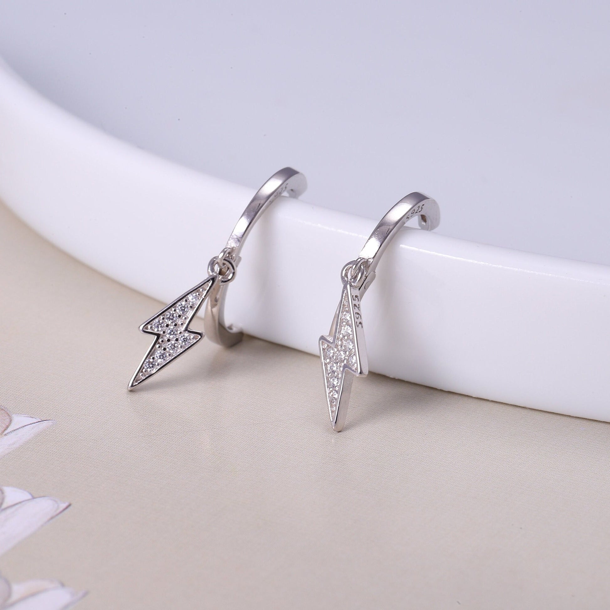 Gold Thunderbolt Hoop Earrings with CZ Crystals in Gold or Silver, Sterling Silver Bolt Dangle Drop Earrings, Crystal Earrings