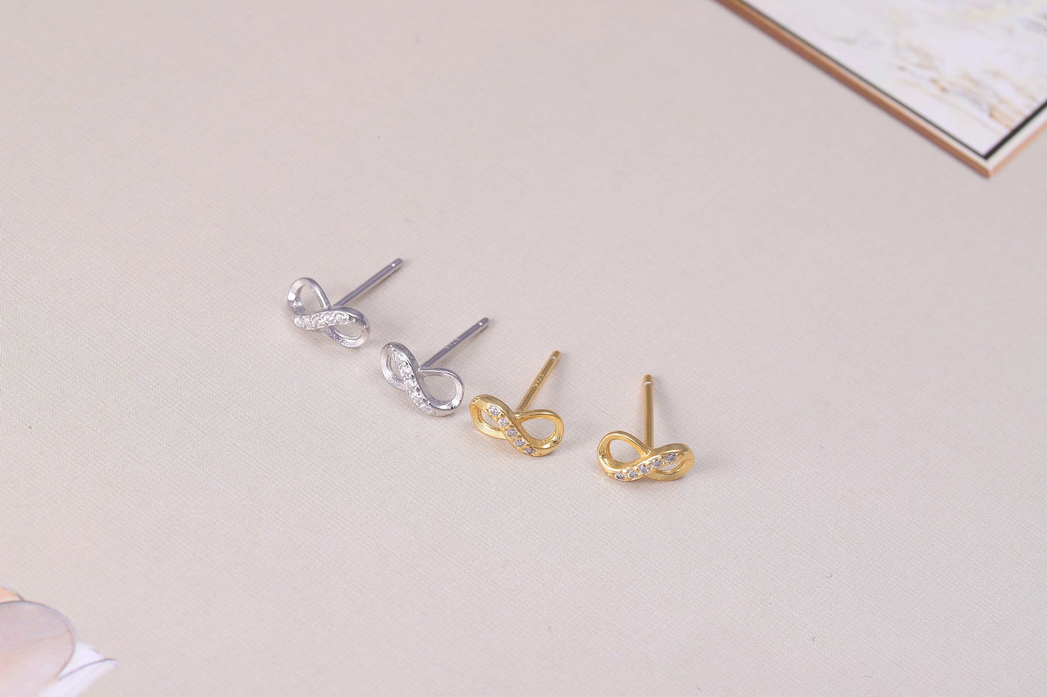Sterling Silver Swirl Stud Earrings with CZ Crystals, Woven Swirl Earrings - Available in Gold or Silver