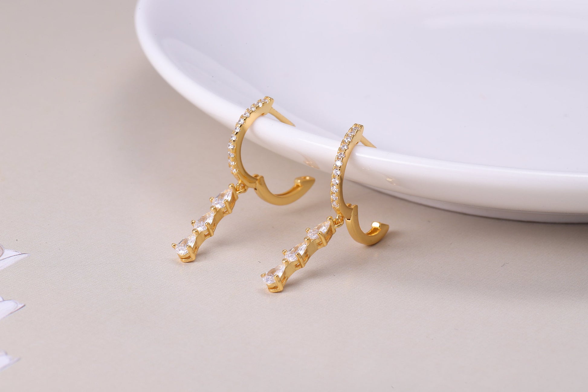 Sterling Silver Dangle Hoop Earrings with CZ Crystals in Gold or Silver, Sterling Silver Dangling Drop Silver Earrings, Gift For Her