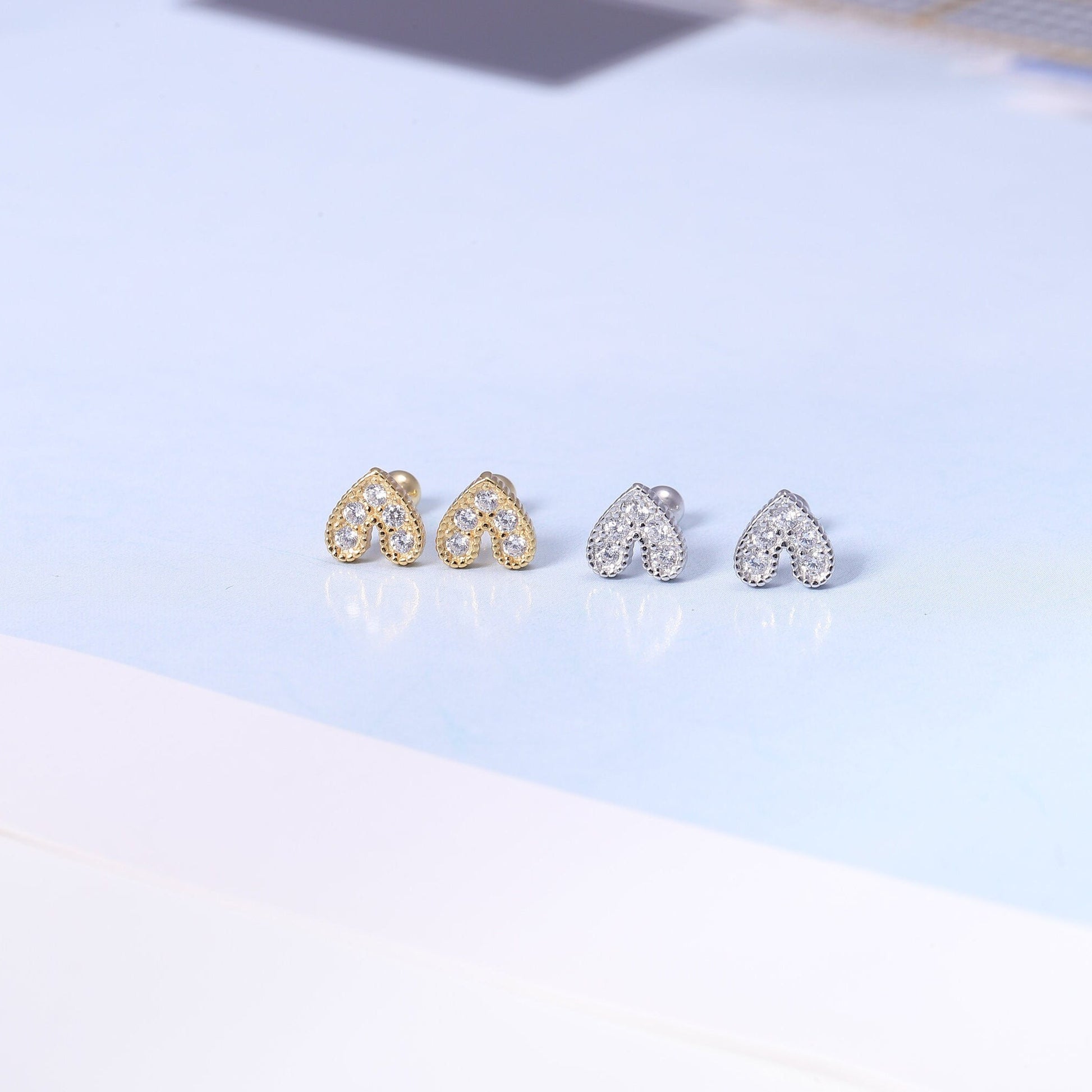 Gold Tiny Heart Stud Earrings in Sterling Silver with CZ Crystals - Available in Gold or Silver