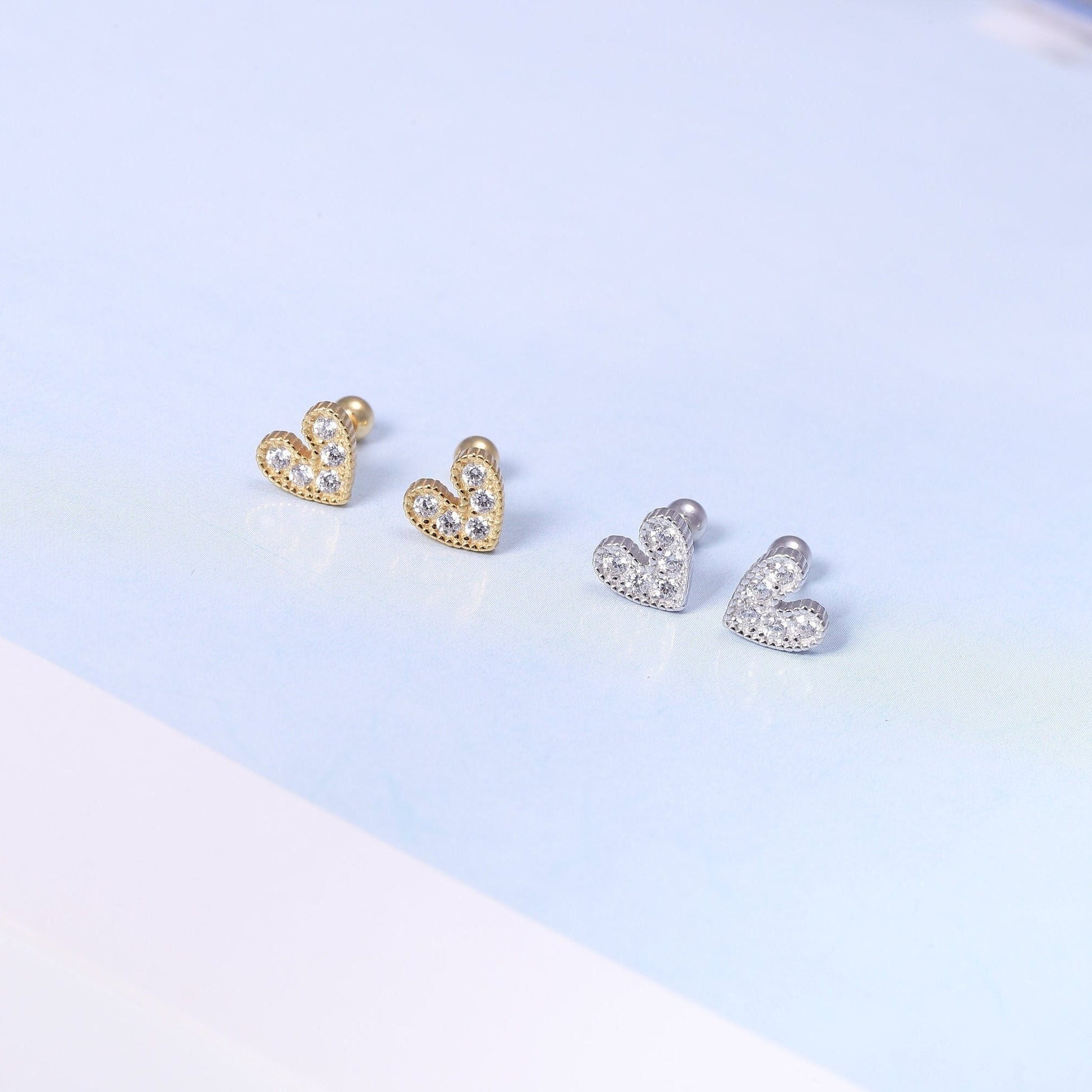 Gold Tiny Heart Stud Earrings in Sterling Silver with CZ Crystals - Available in Gold or Silver