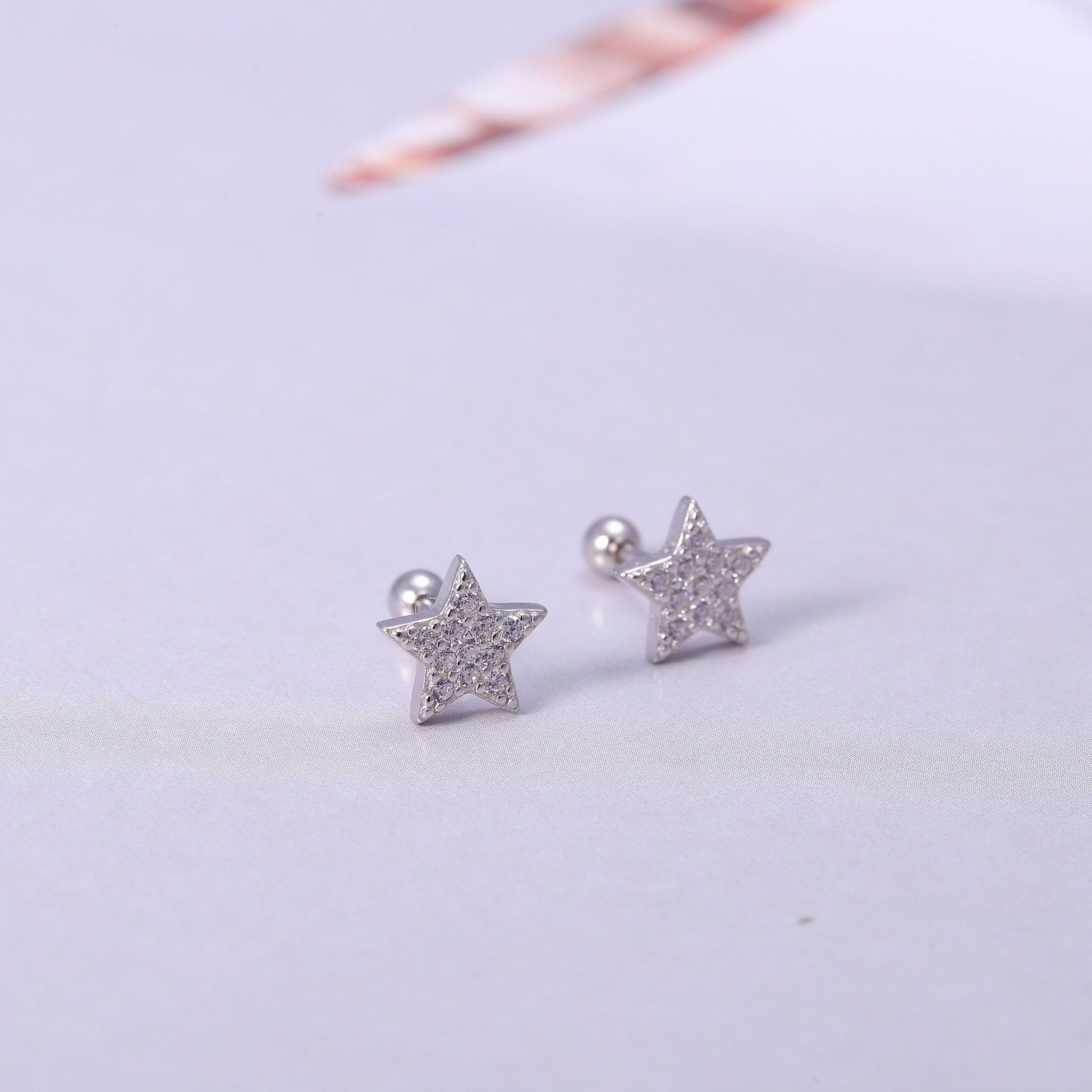 Gold Shining Star Earrings with CZ Crystals in Gold or Silver, Tiny Heart Earrings, Dainty Minimalist Earrings