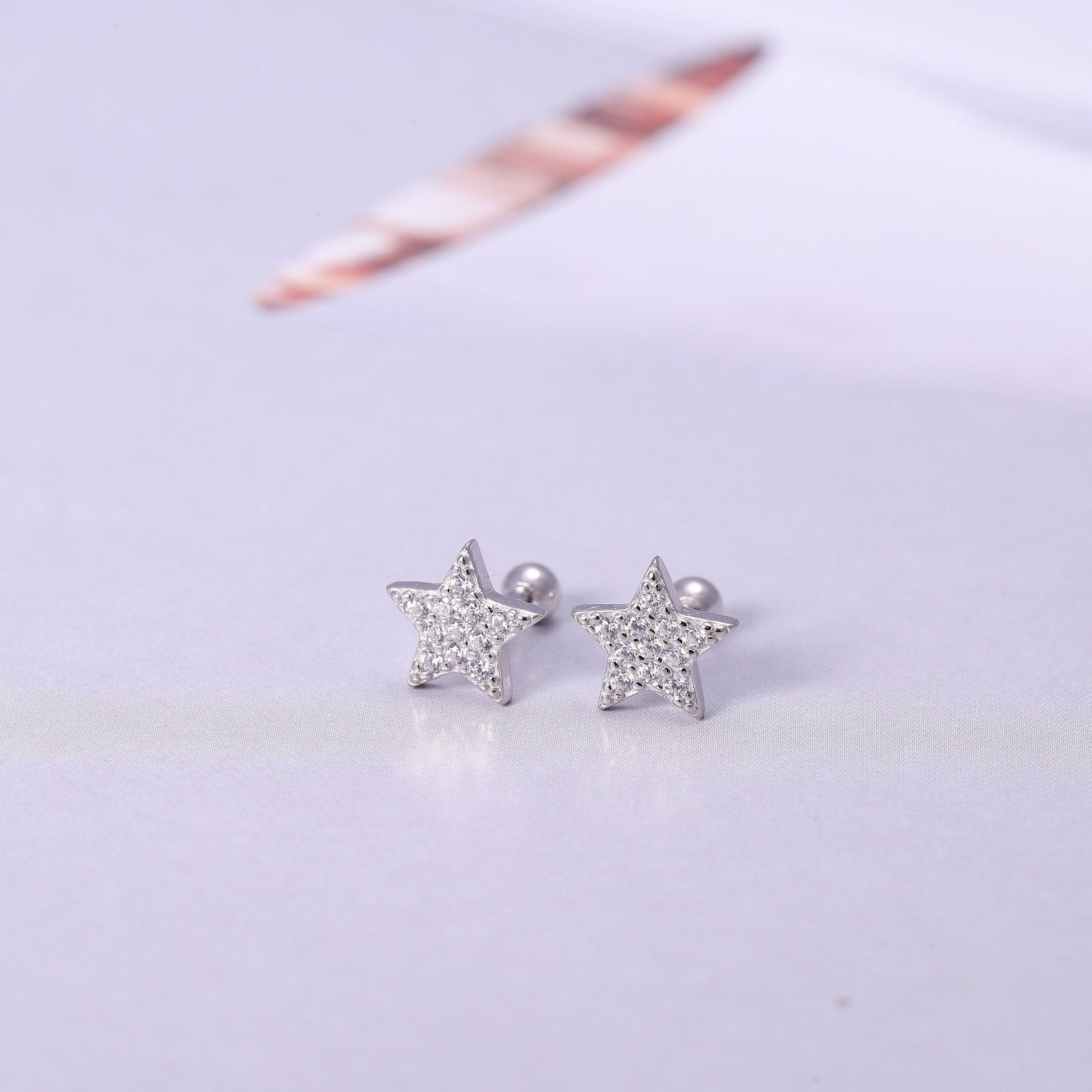 Gold Shining Star Earrings with CZ Crystals in Gold or Silver, Tiny Heart Earrings, Dainty Minimalist Earrings