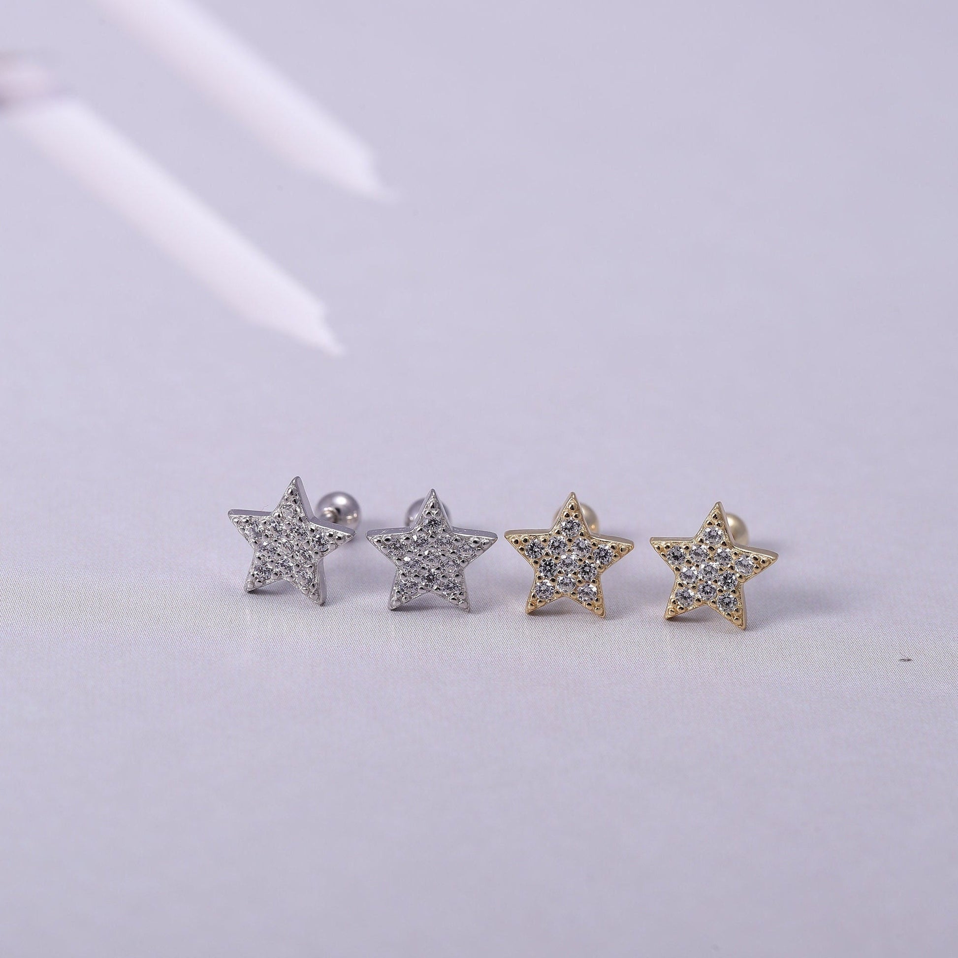 Gold Shining Star Earrings with CZ Crystals in Gold or Silver, Tiny Heart Earrings, Dainty Minimalist Earrings