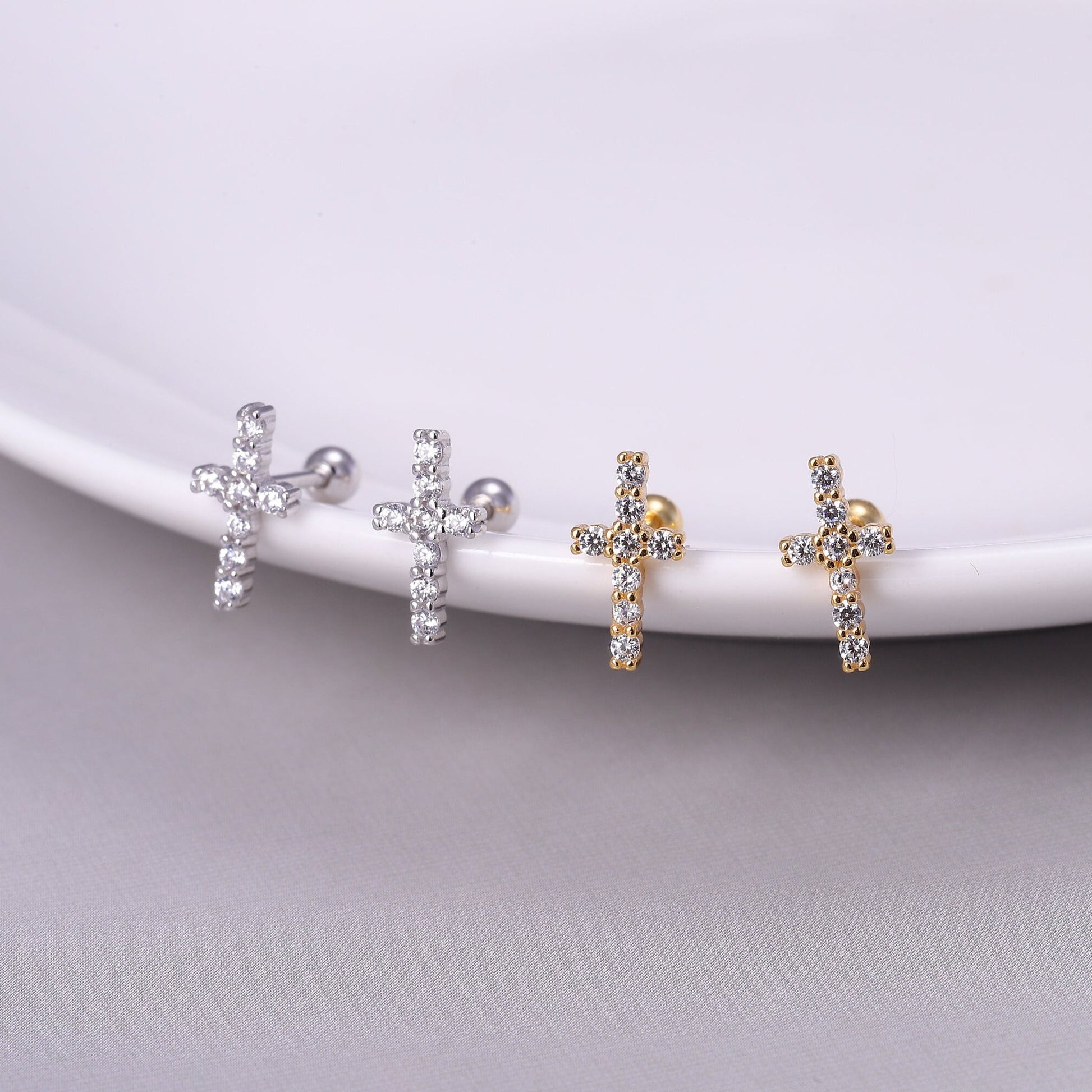 Sparkling Cross Stud Earrings in Sterling Silver, Tiny Cross Earrings in Gold or Silver, Minimalist Jewellery