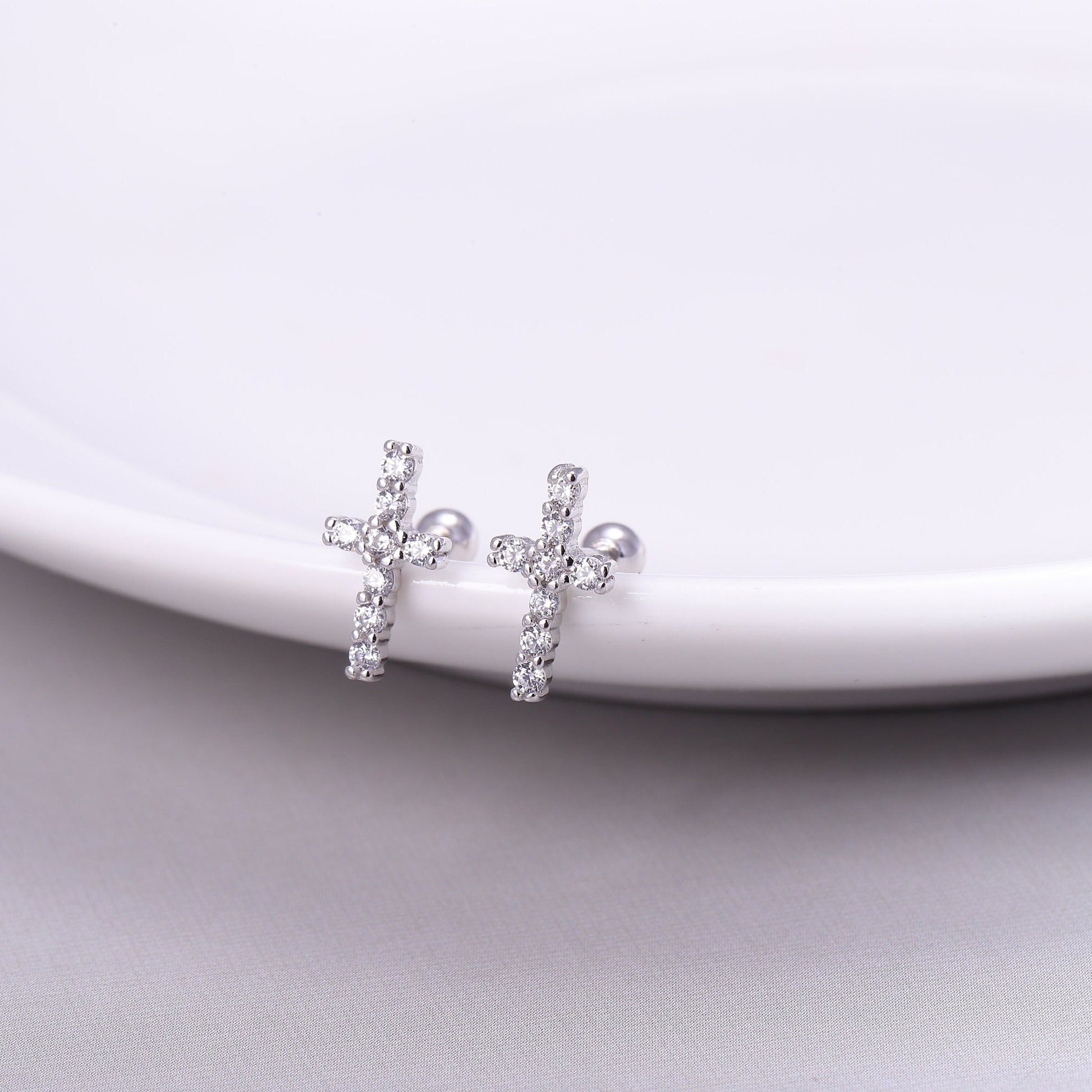 Sparkling Cross Stud Earrings in Sterling Silver, Tiny Cross Earrings in Gold or Silver, Minimalist Jewellery