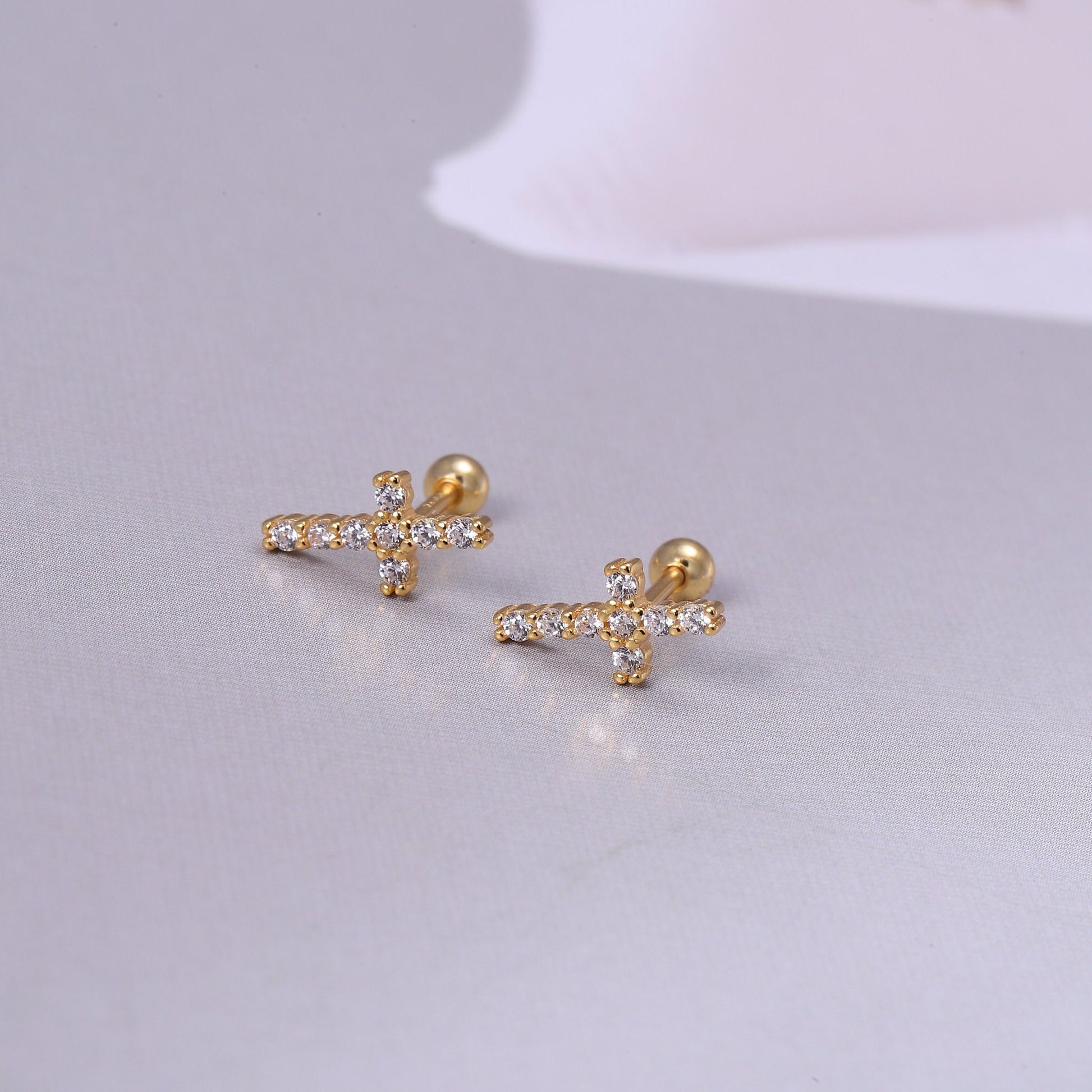 Sparkling Cross Stud Earrings in Sterling Silver, Tiny Cross Earrings in Gold or Silver, Minimalist Jewellery