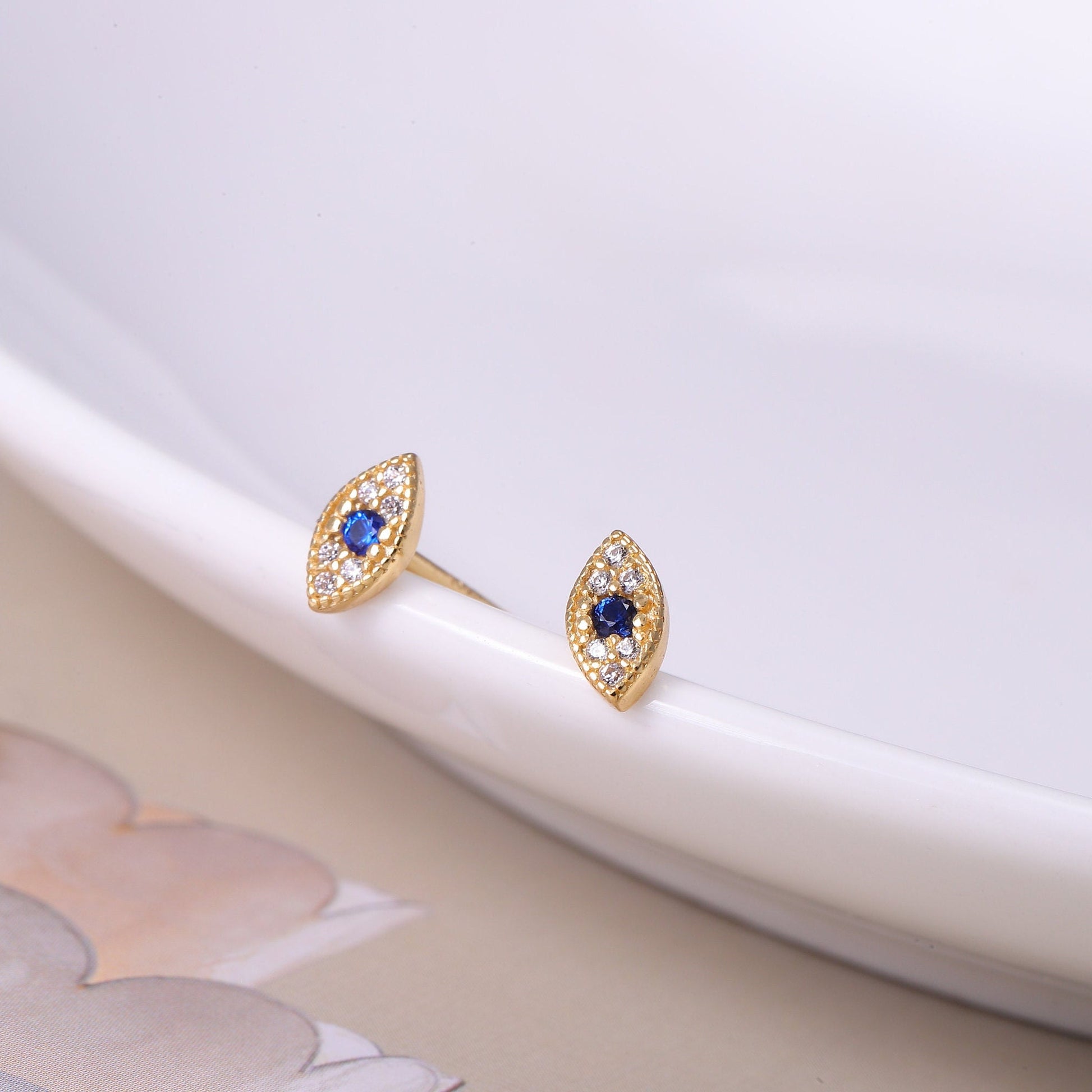 Gold Tiny Evil Eye Stud Earrings with CZ Crystals in Gold or Silver, Dainty Minimalist Jewellery, Gift For Her