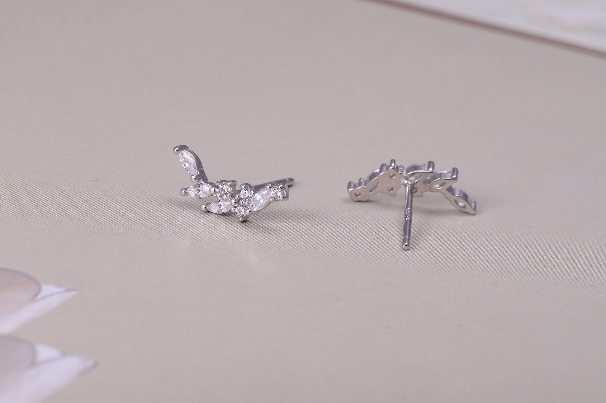 Sterling Silver Sparkling Leaf Stud Earrings with CZ Crystals - Available in Gold and Silver
