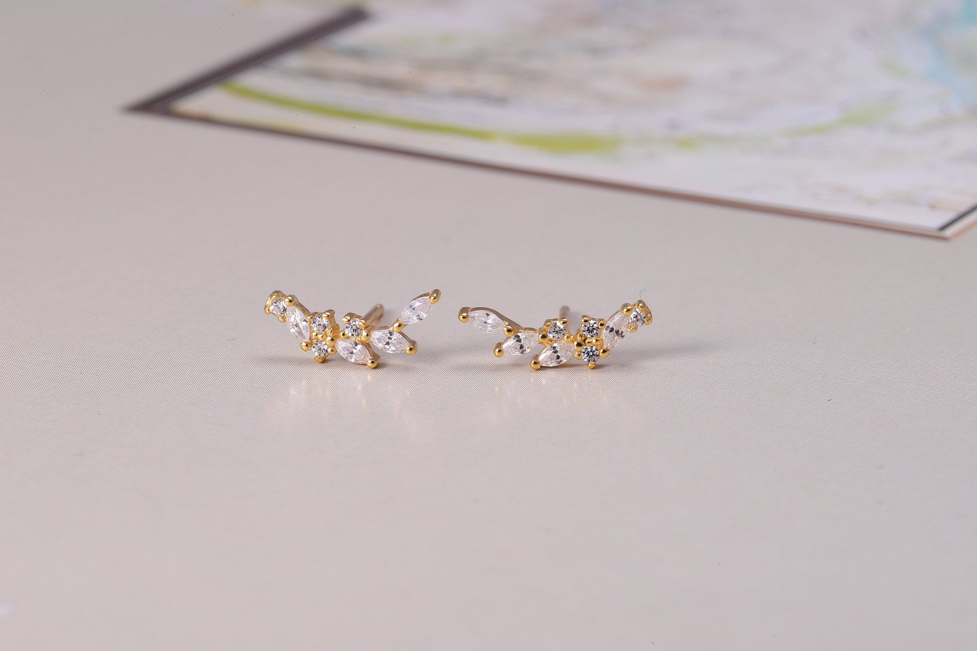 Sterling Silver Sparkling Leaf Stud Earrings with CZ Crystals - Available in Gold and Silver