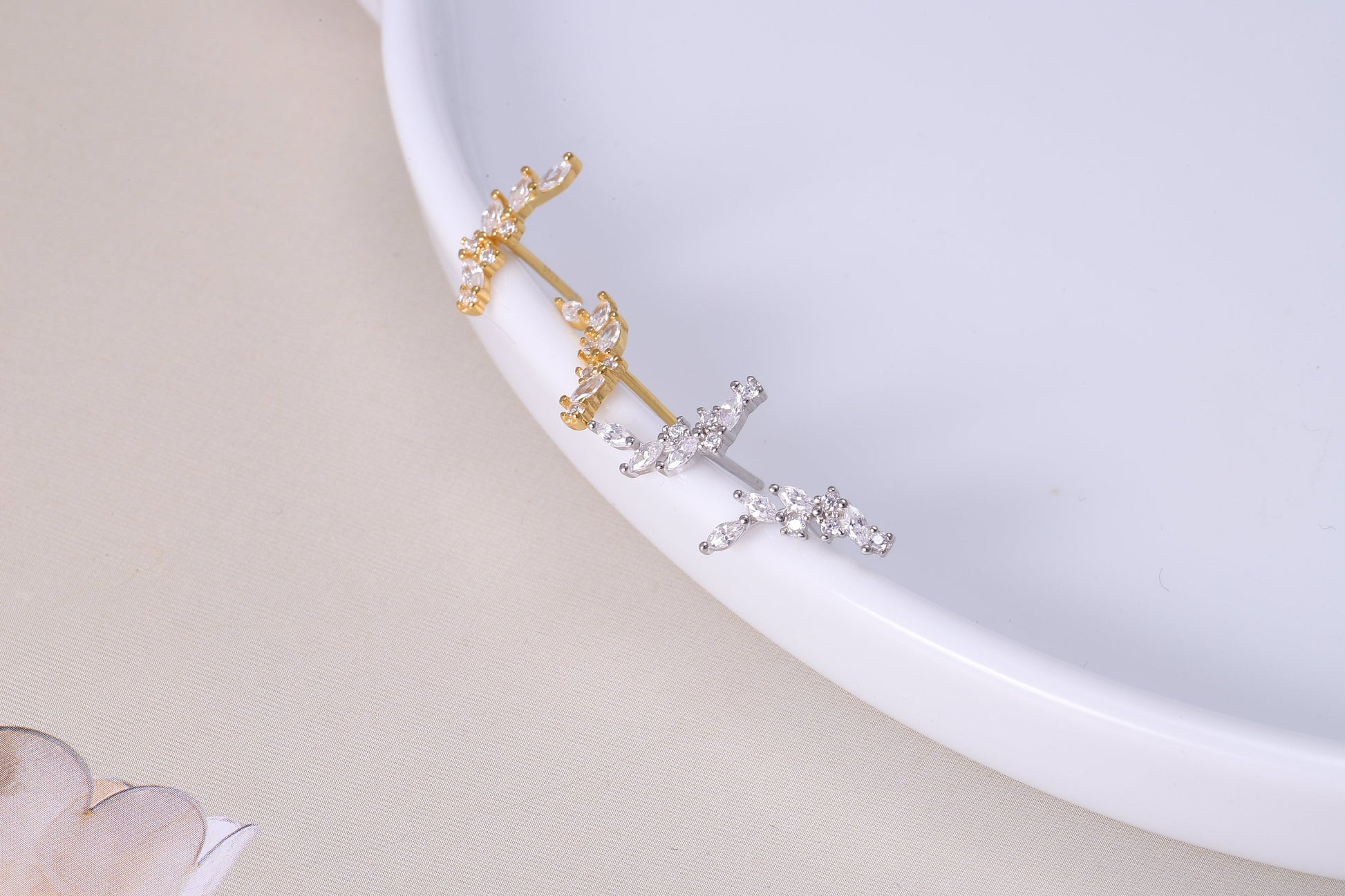 Sterling Silver Sparkling Leaf Stud Earrings with CZ Crystals - Available in Gold and Silver