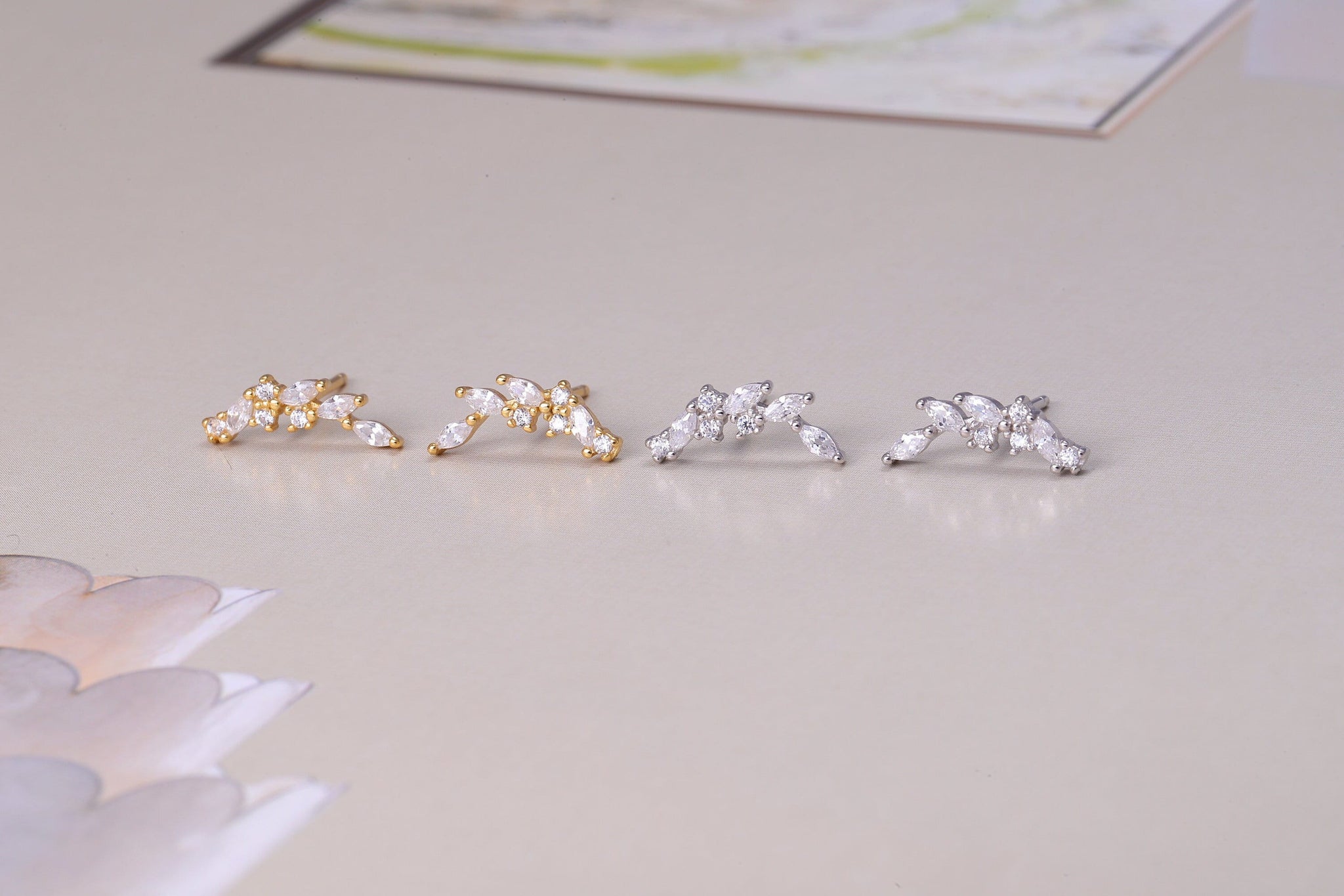 Sterling Silver Sparkling Leaf Stud Earrings with CZ Crystals - Available in Gold and Silver
