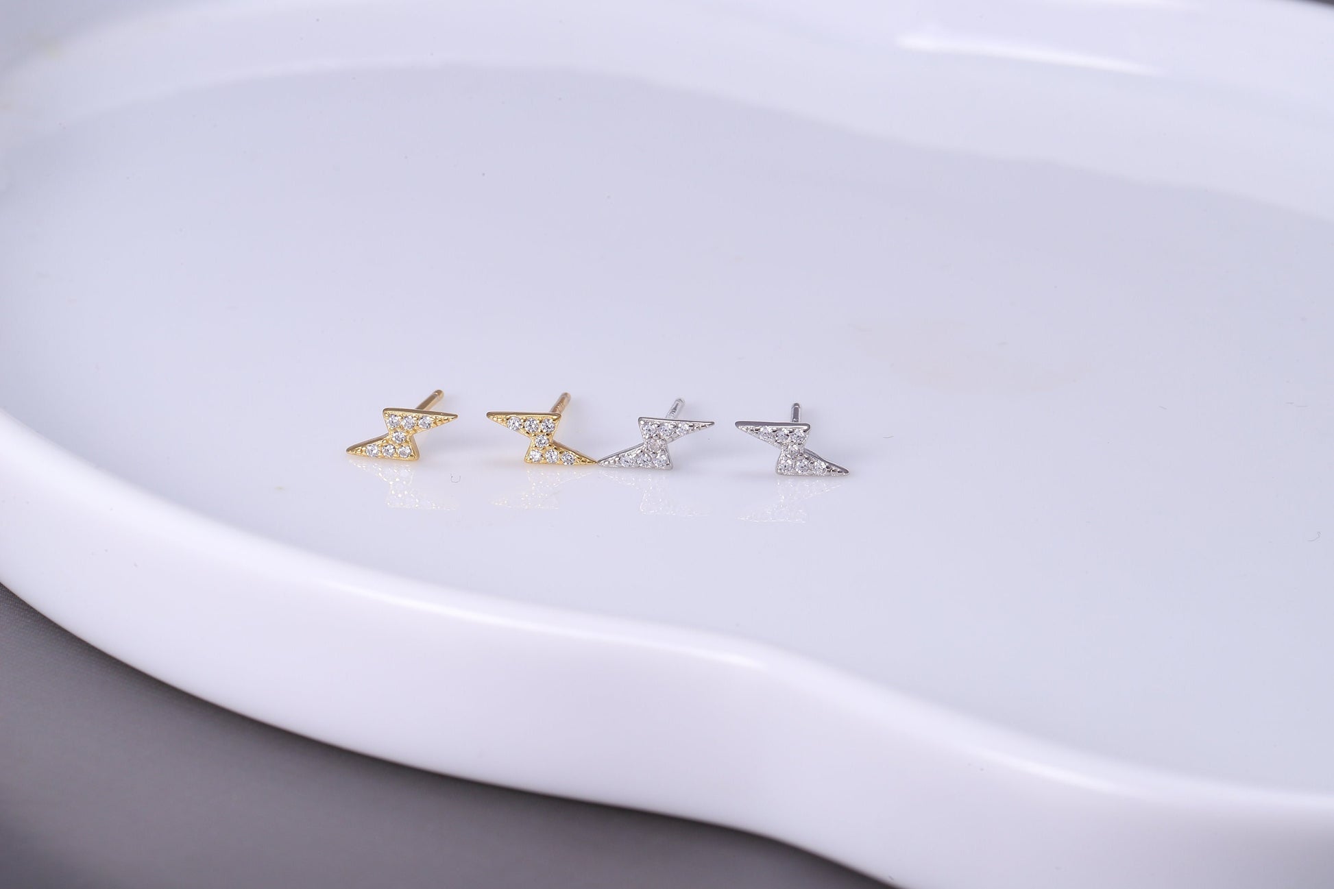 Sterling Silver Thunderbolt Stud Earrings with CZ Crystals - Available in Gold or Silver